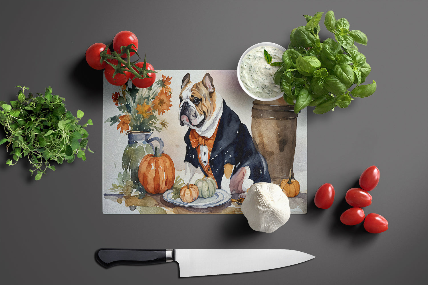 English Bulldog Fall Kitchen Pumpkins Cutting Board Tempered Glass Kitchen Cutting Surface, Heat Resistant Chopping, Non-Slip Feet, Food Prep & Serving