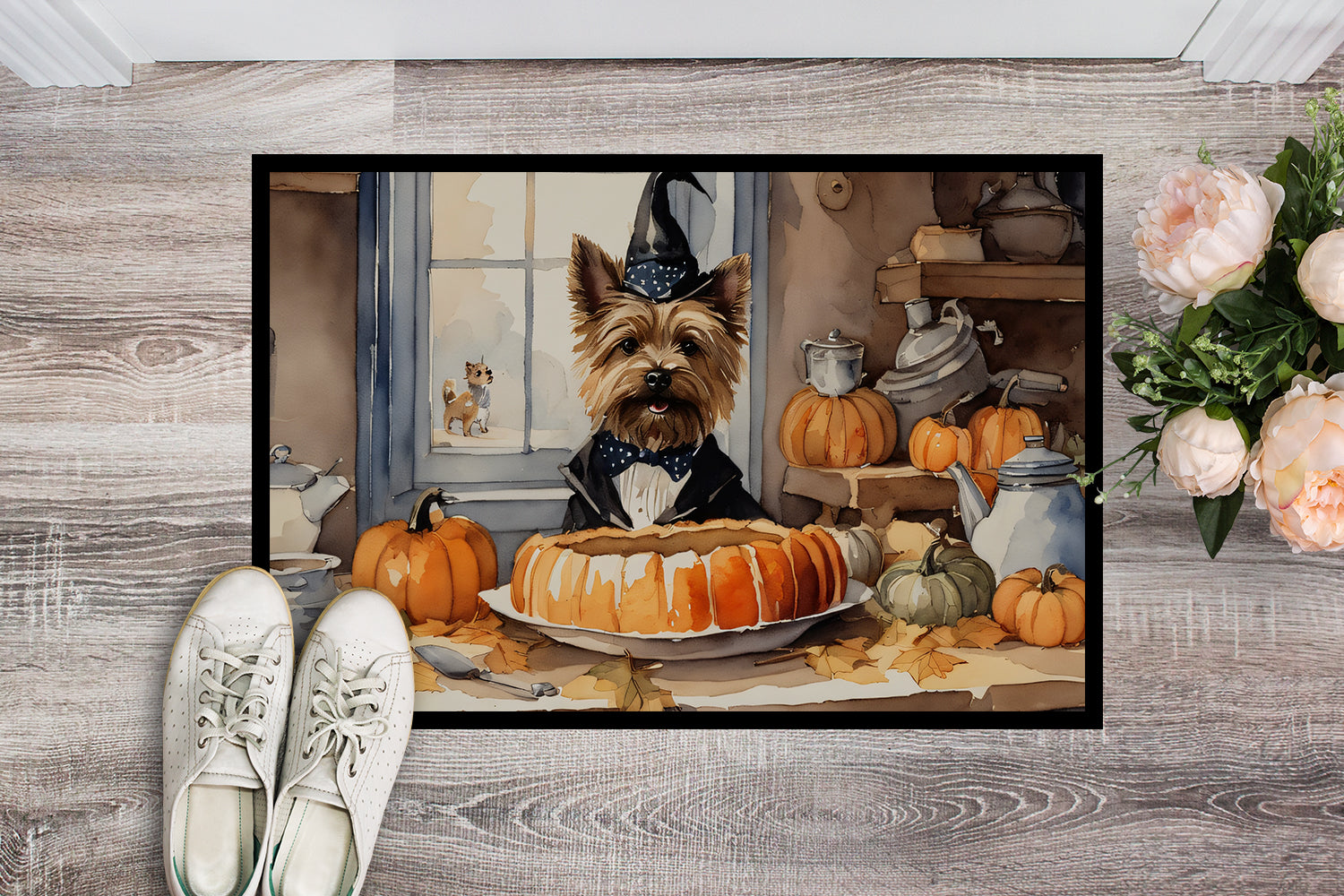 Cairn Terrier Fall Kitchen Pumpkins Doormat Indoor Outdoor 18H X 27W Front Door Mat Rugs for Entryway, Non Slip Washable