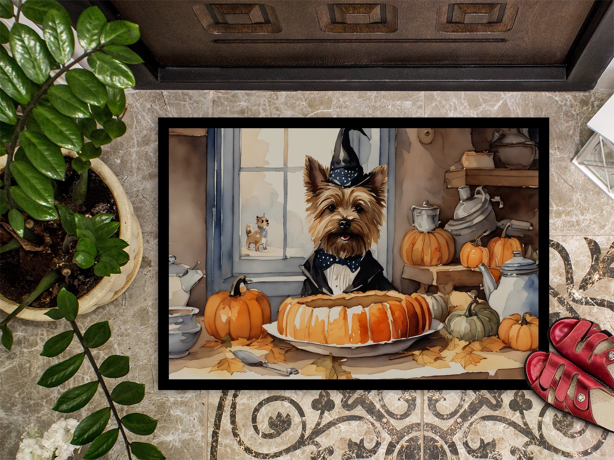 Cairn Terrier Fall Kitchen Pumpkins Doormat Indoor Outdoor 18H X 27W Front Door Mat Rugs for Entryway, Non Slip Washable