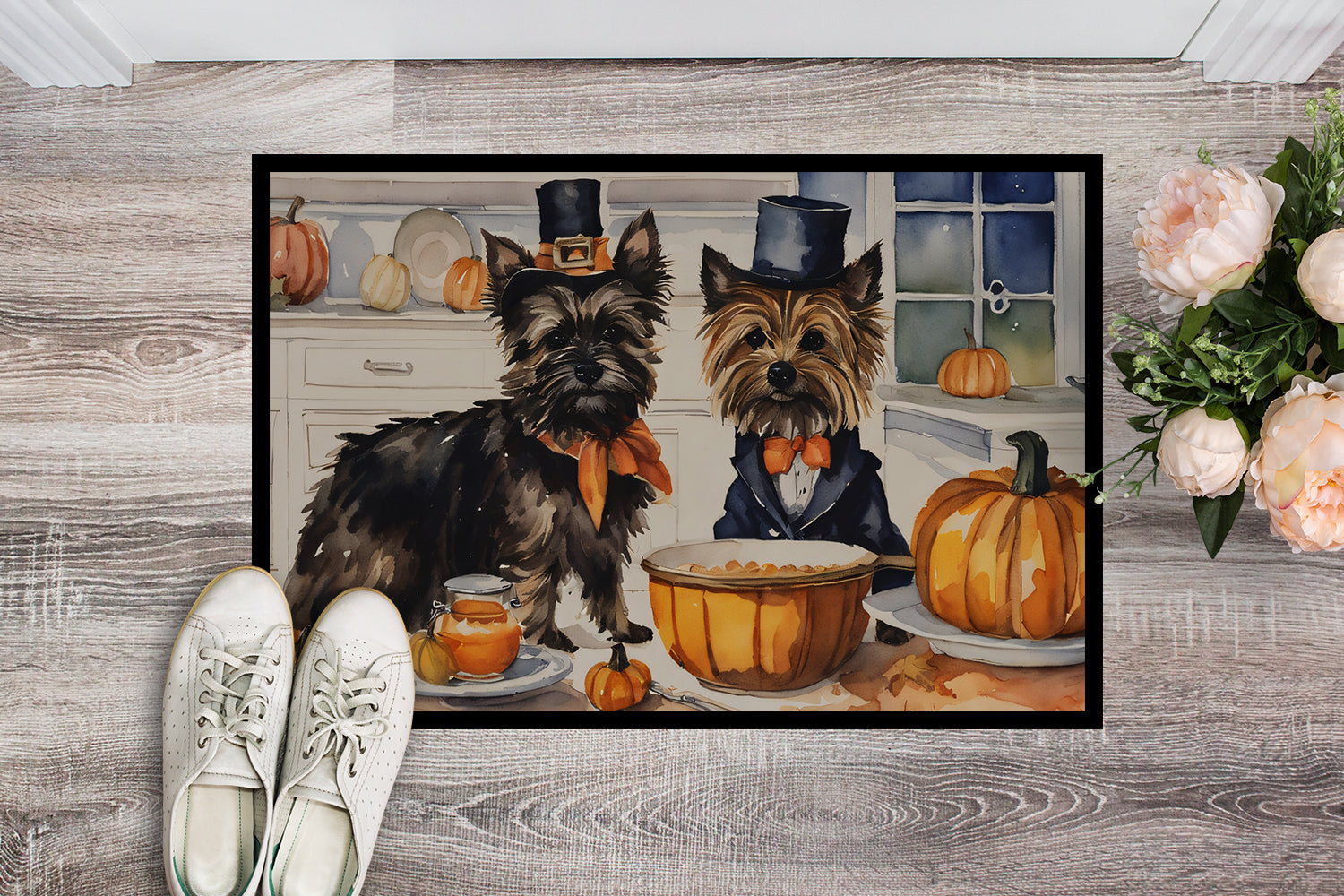 Cairn Terrier Fall Kitchen Pumpkins Doormat Indoor Outdoor 24H X 36W Front Door Mat Rugs for Entryway, Non Slip Washable Low Pile,