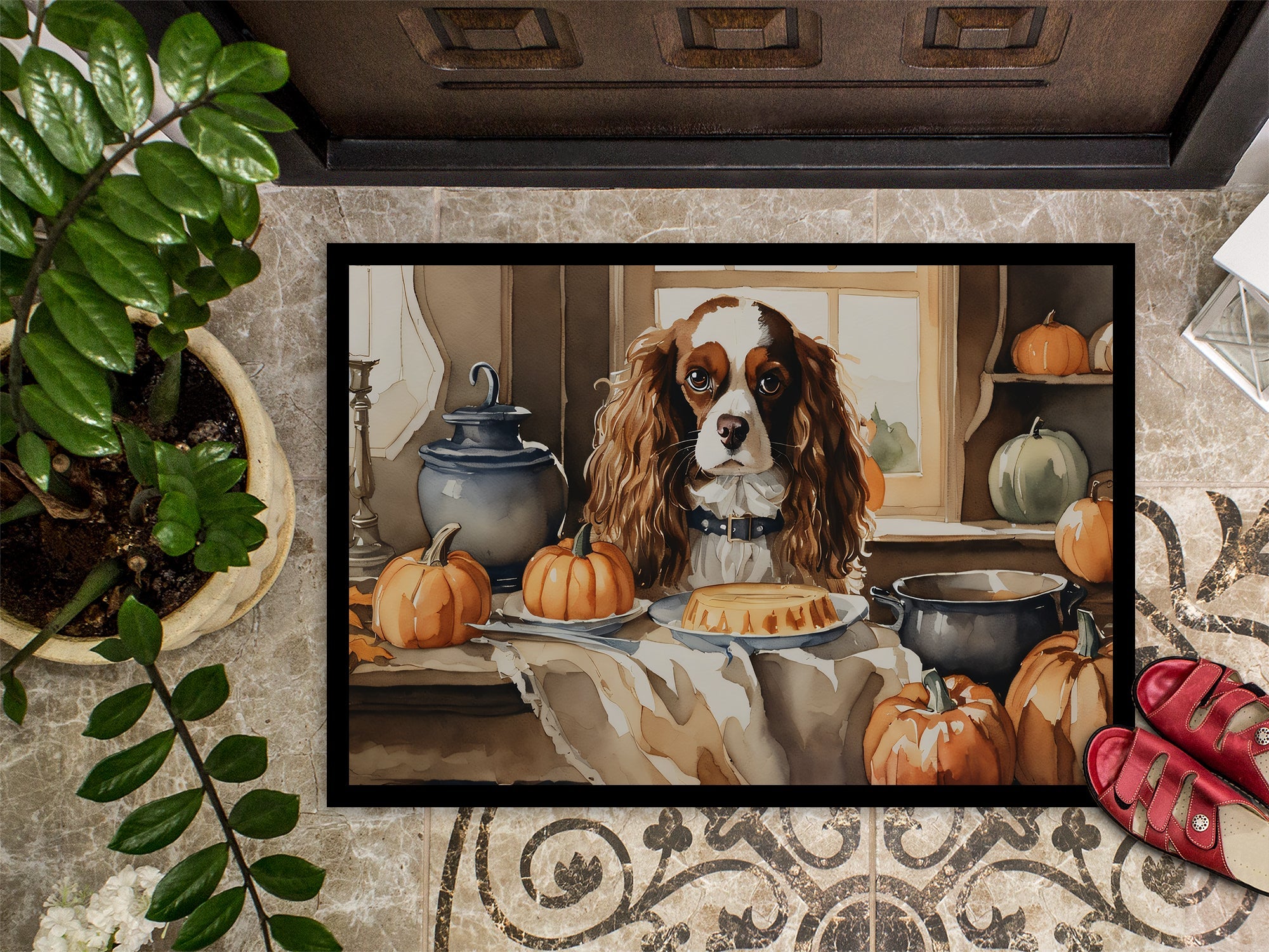 Cavalier Spaniel Fall Kitchen Pumpkins Doormat Indoor Outdoor 24H X 36W Front Door Mat Rugs for Entryway, Non Slip Washable Low Pile,