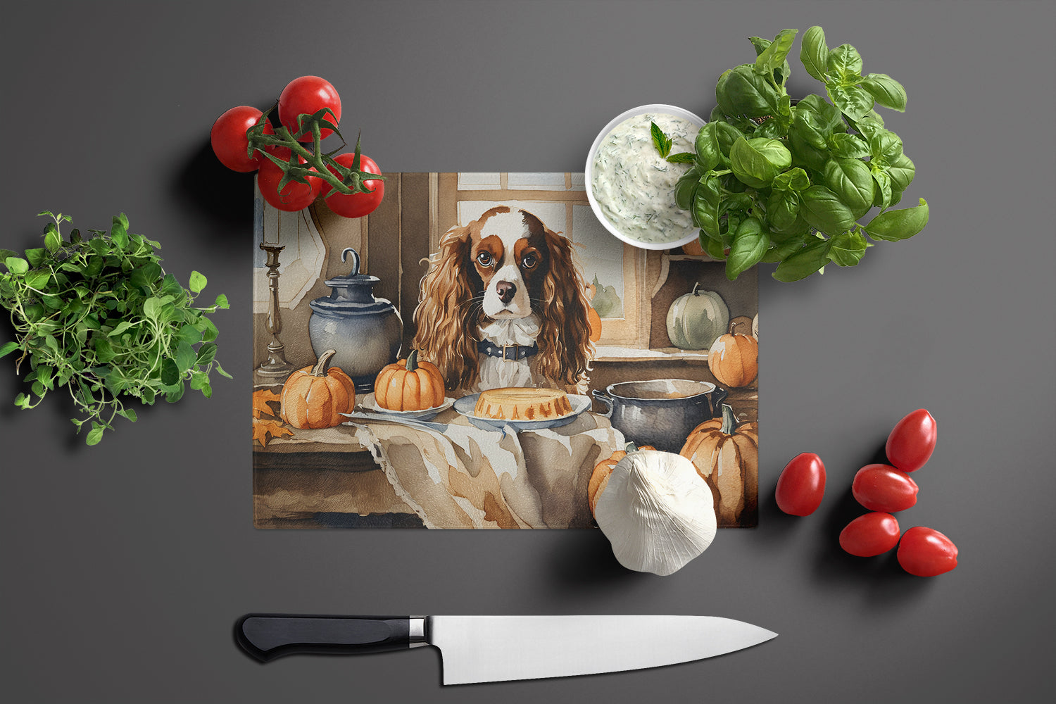 Cavalier Spaniel Fall Kitchen Pumpkins Cutting Board Tempered Glass Kitchen Cutting Surface, Heat Resistant Chopping, Non-Slip Feet, Food Prep & Serving
