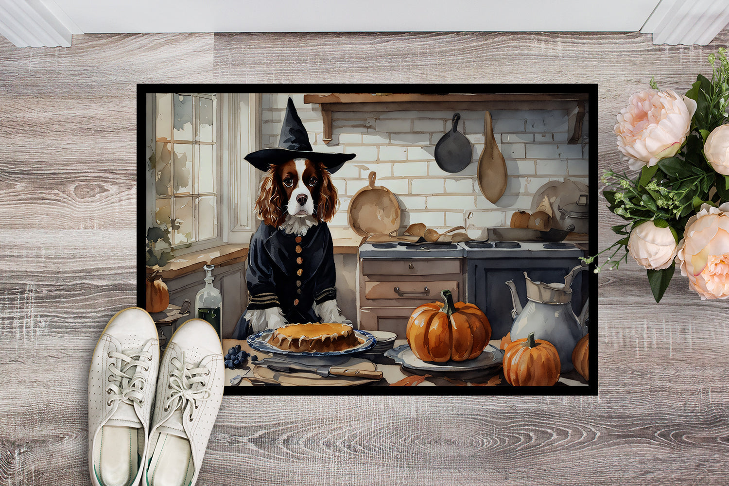 Cavalier Spaniel Fall Kitchen Pumpkins Doormat Indoor Outdoor 24H X 36W Front Door Mat Rugs for Entryway, Non Slip Washable Low Pile,