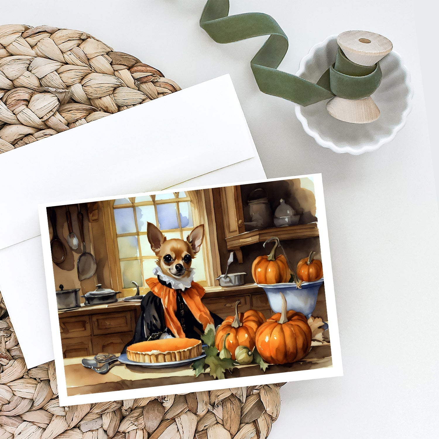 Chihuahua Fall Kitchen Pumpkins Greeting Cards Pack of 8 Blank Cards with Envelopes Whimsical A7 Size 5x7