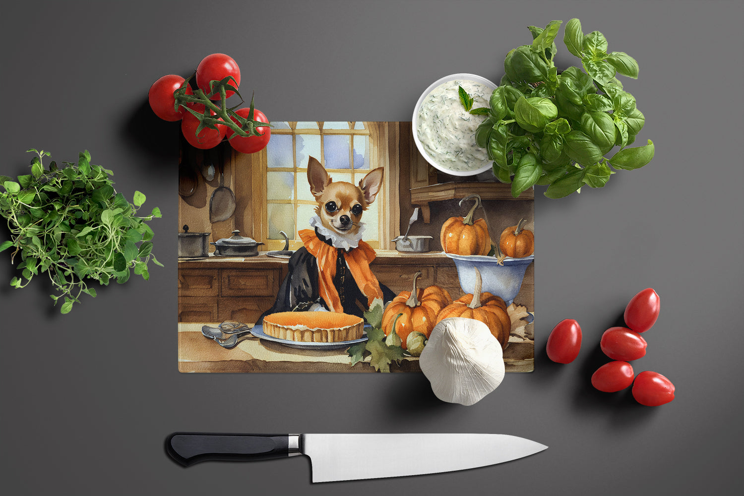 Chihuahua Fall Kitchen Pumpkins Cutting Board Tempered Glass Kitchen Cutting Surface, Heat Resistant Chopping, Non-Slip Feet, Food Prep & Serving