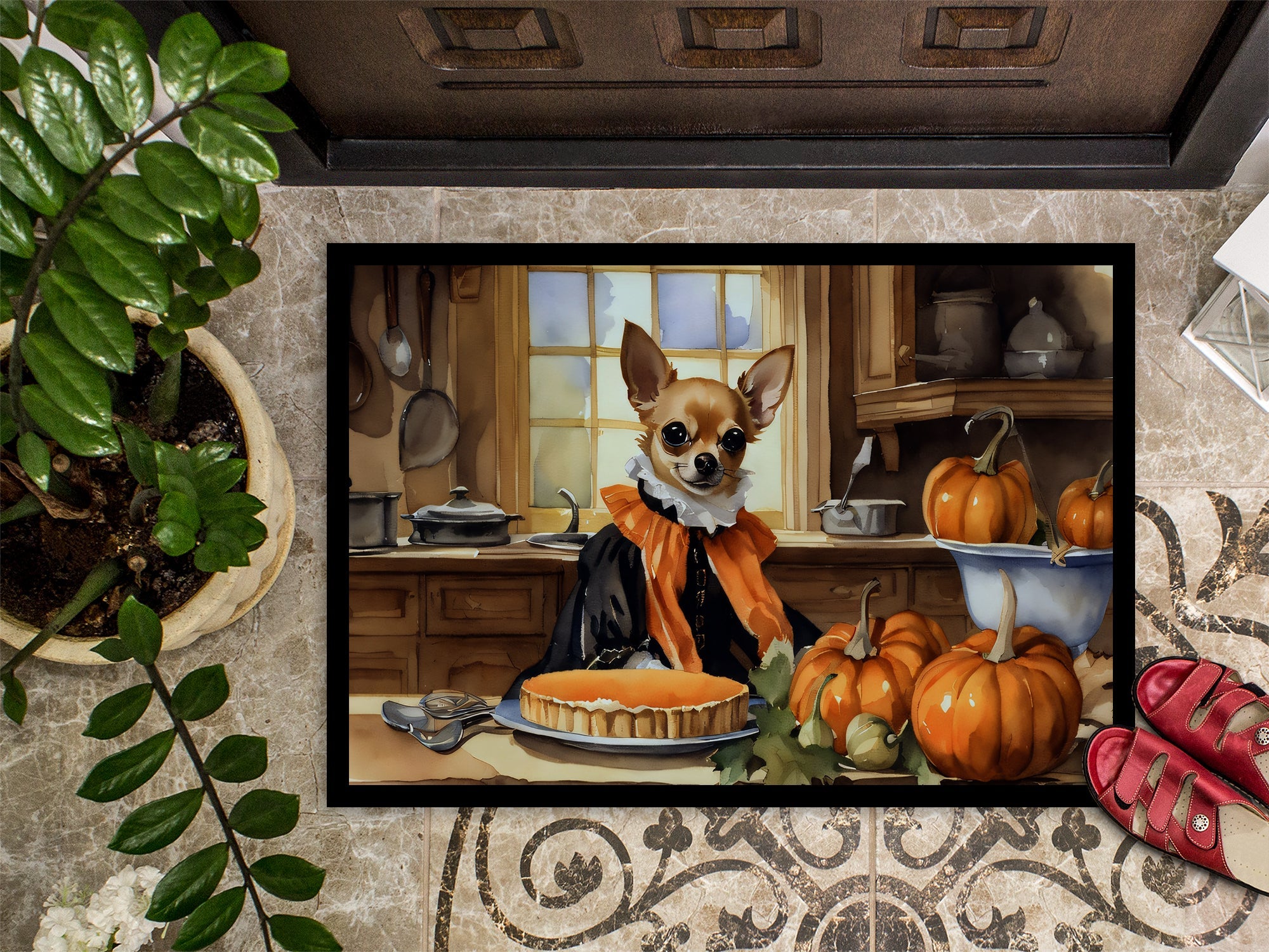Chihuahua Fall Kitchen Pumpkins Doormat Indoor Outdoor 18H X 27W Front Door Mat Rugs for Entryway, Non Slip Washable