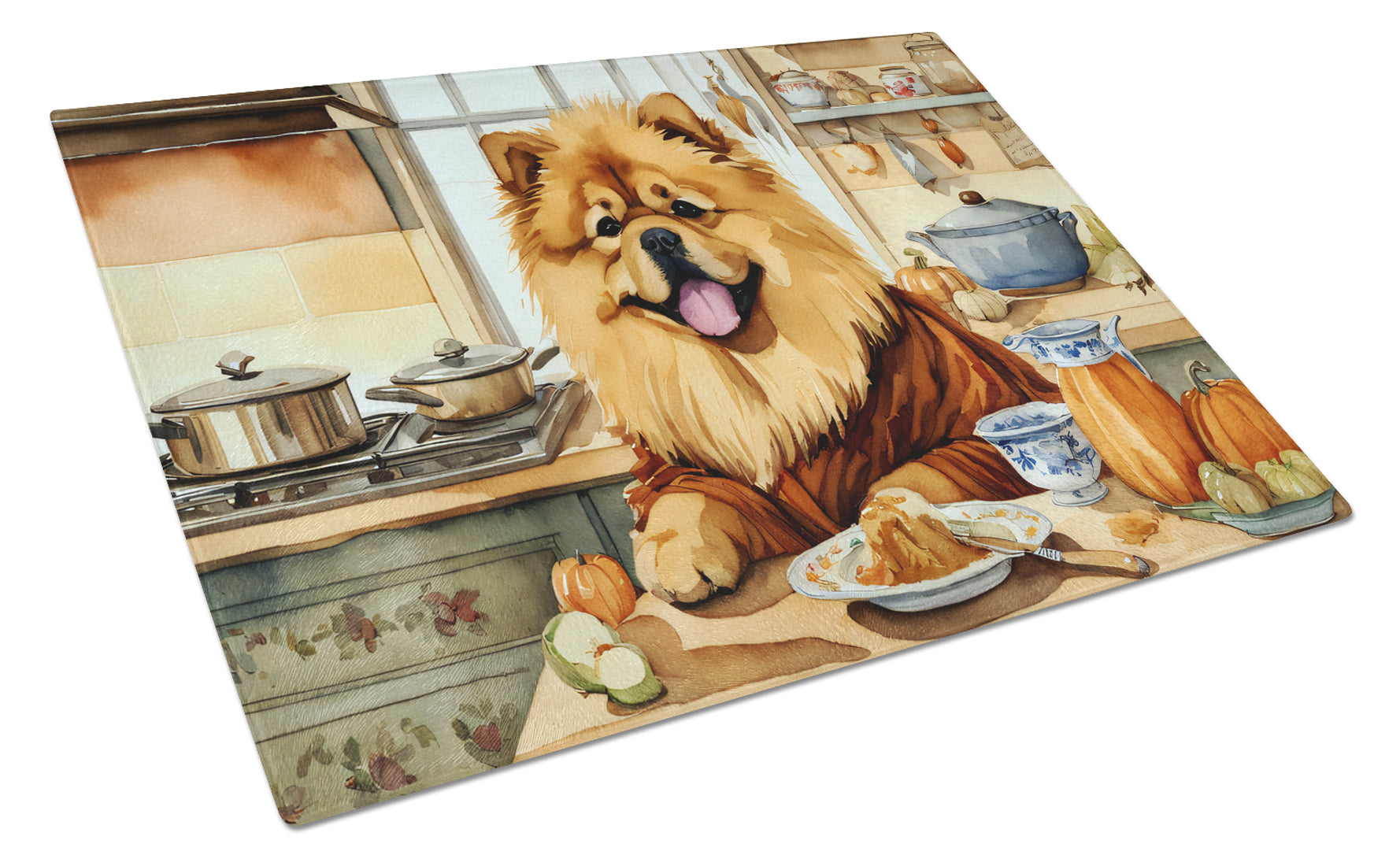 Chow Chow Fall Kitchen Pumpkins Cutting Board Tempered Glass Kitchen Cutting Surface, Heat Resistant Chopping, Non-Slip Feet, Food Prep & Serving