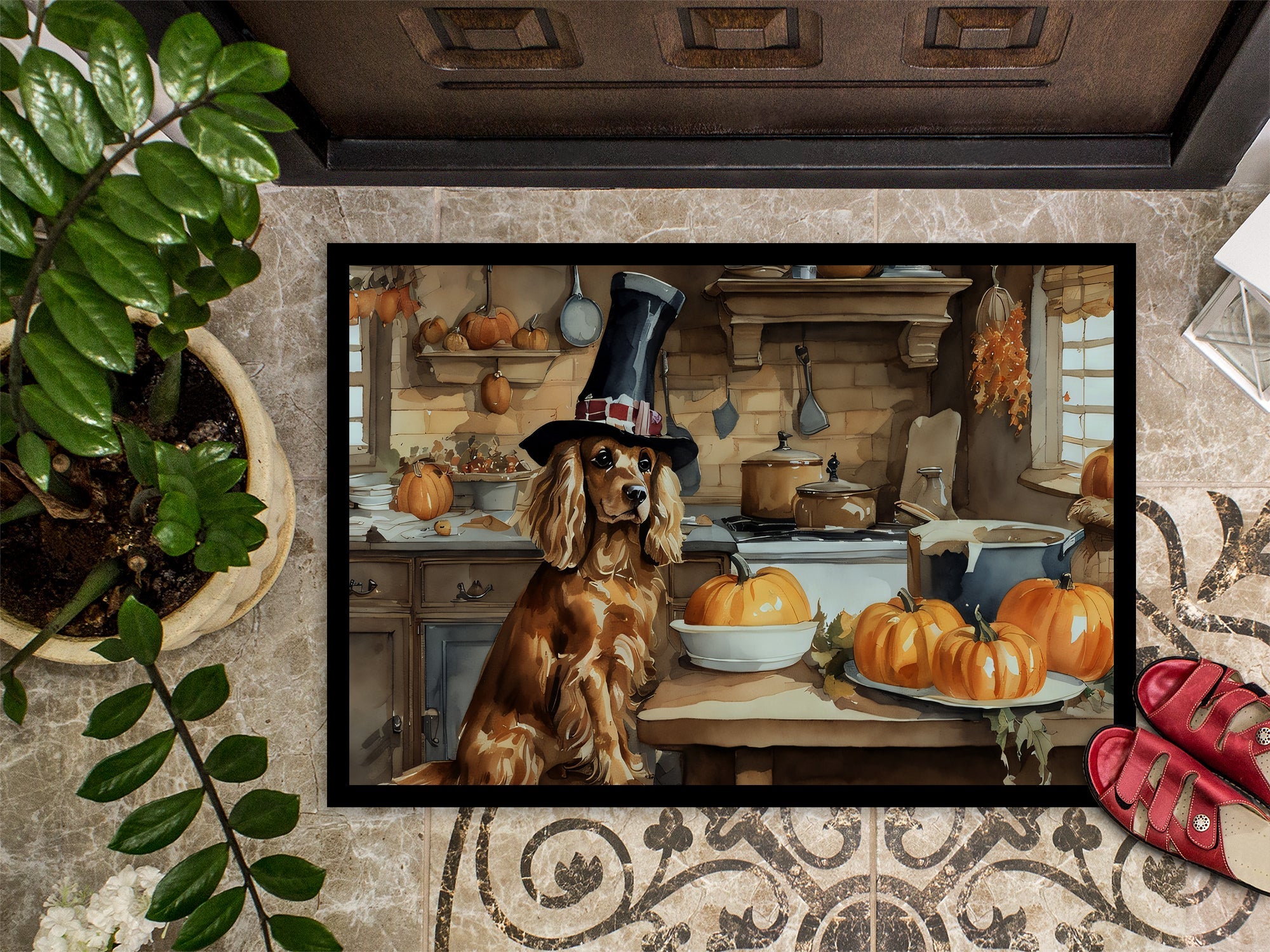 Cocker Spaniel Fall Kitchen Pumpkins Doormat Indoor Outdoor 24H X 36W Front Door Mat Rugs for Entryway, Non Slip Washable Low Pile,