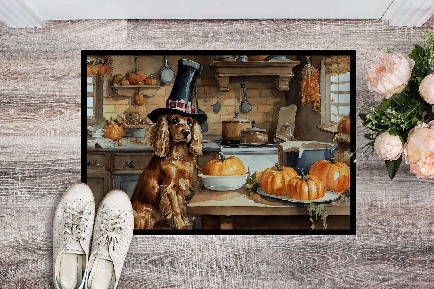 Cocker Spaniel Fall Kitchen Pumpkins Doormat Indoor Outdoor 18H X 27W Front Door Mat Rugs for Entryway, Non Slip Washable