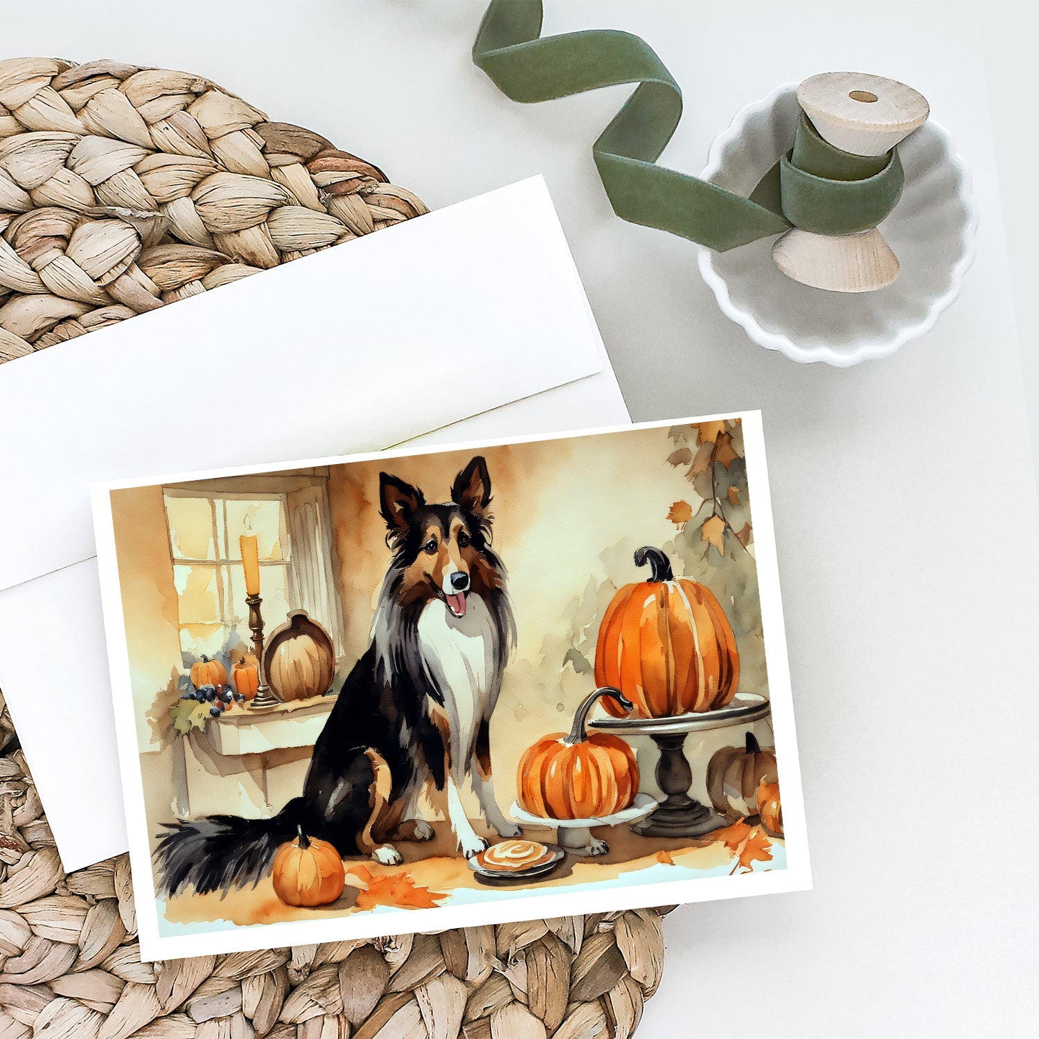 Collie Fall Kitchen Pumpkins Greeting Cards Pack of 8 Blank Cards with Envelopes Whimsical A7 Size 5x7