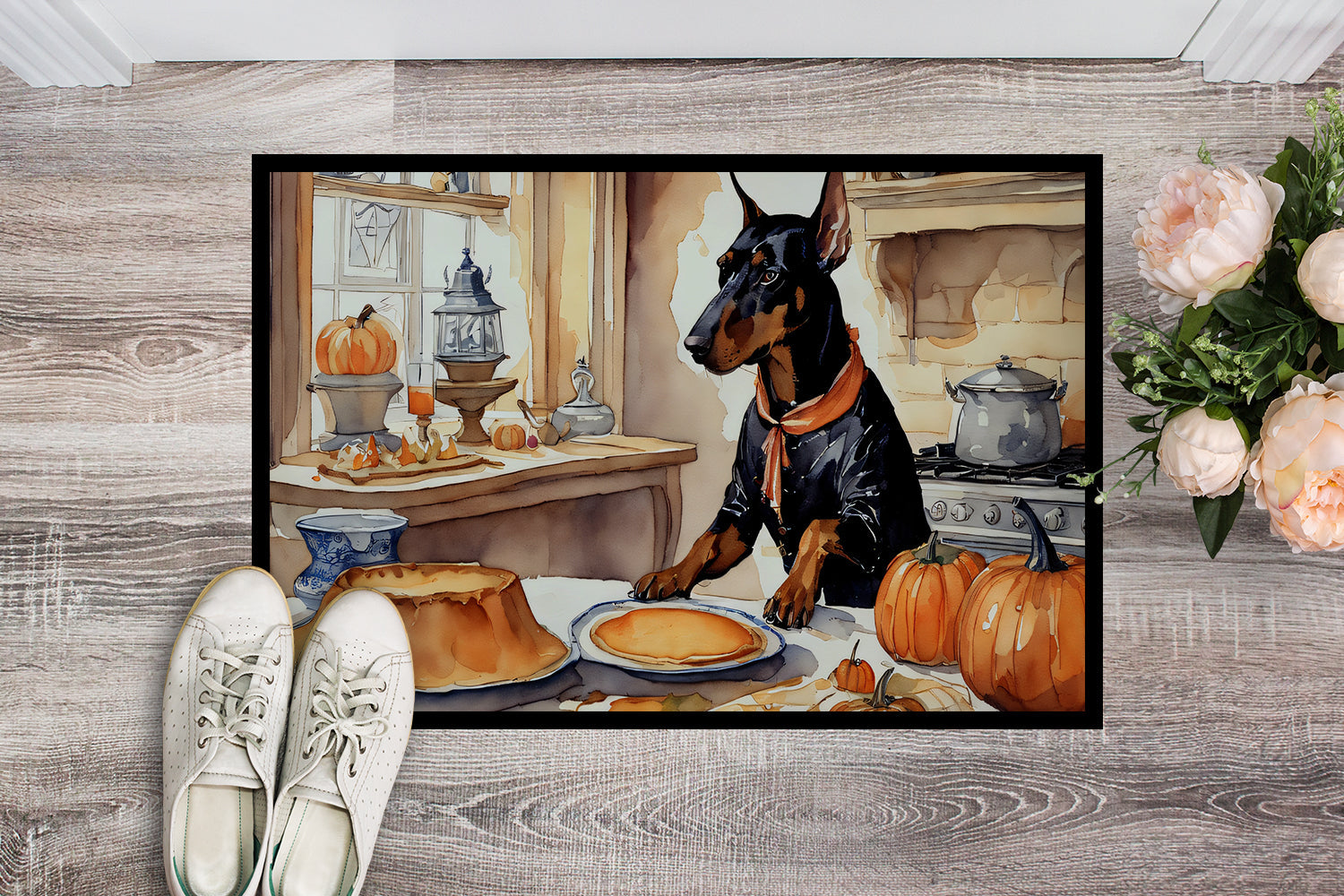 Doberman Pinscher Fall Kitchen Pumpkins Doormat Indoor Outdoor 18H X 27W Front Door Mat Rugs for Entryway, Non Slip Washable