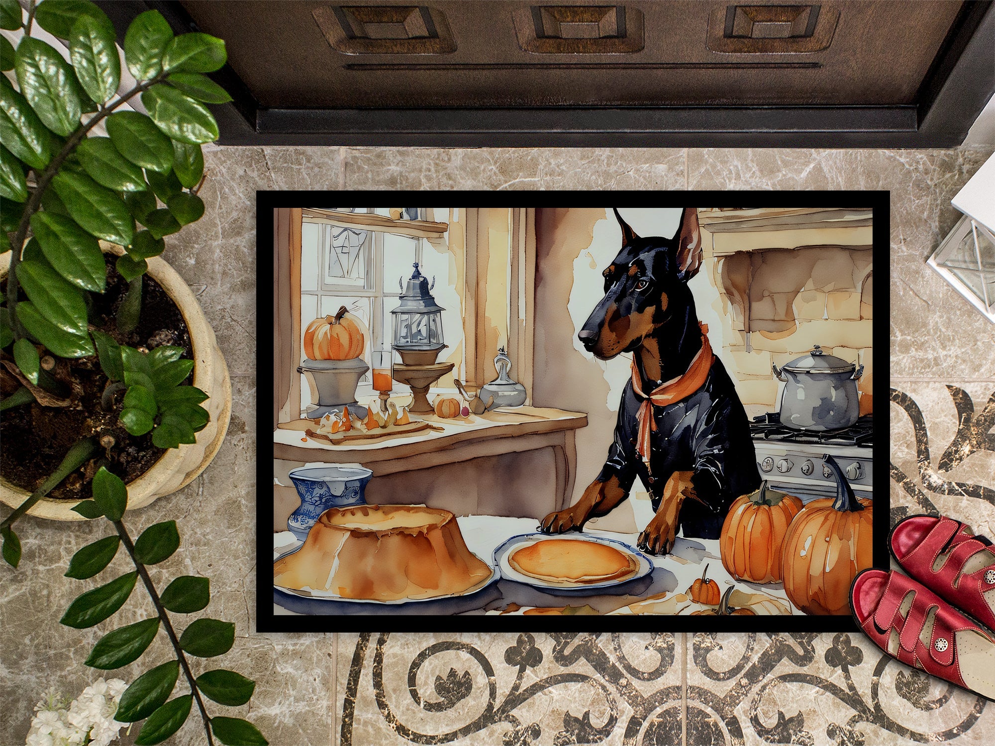 Doberman Pinscher Fall Kitchen Pumpkins Doormat Indoor Outdoor 18H X 27W Front Door Mat Rugs for Entryway, Non Slip Washable