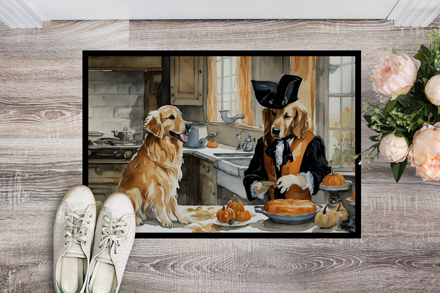 Golden Retriever Fall Kitchen Pumpkins Doormat Indoor Outdoor 18H X 27W Front Door Mat Rugs for Entryway, Non Slip Washable