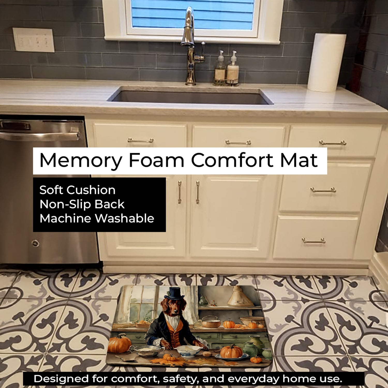 Irish Setter Fall Kitchen Pumpkins Memory Foam Kitchen Mat Machine Washable Anti-Fatigue Cushion Comfort Bath or Kitchen Rug