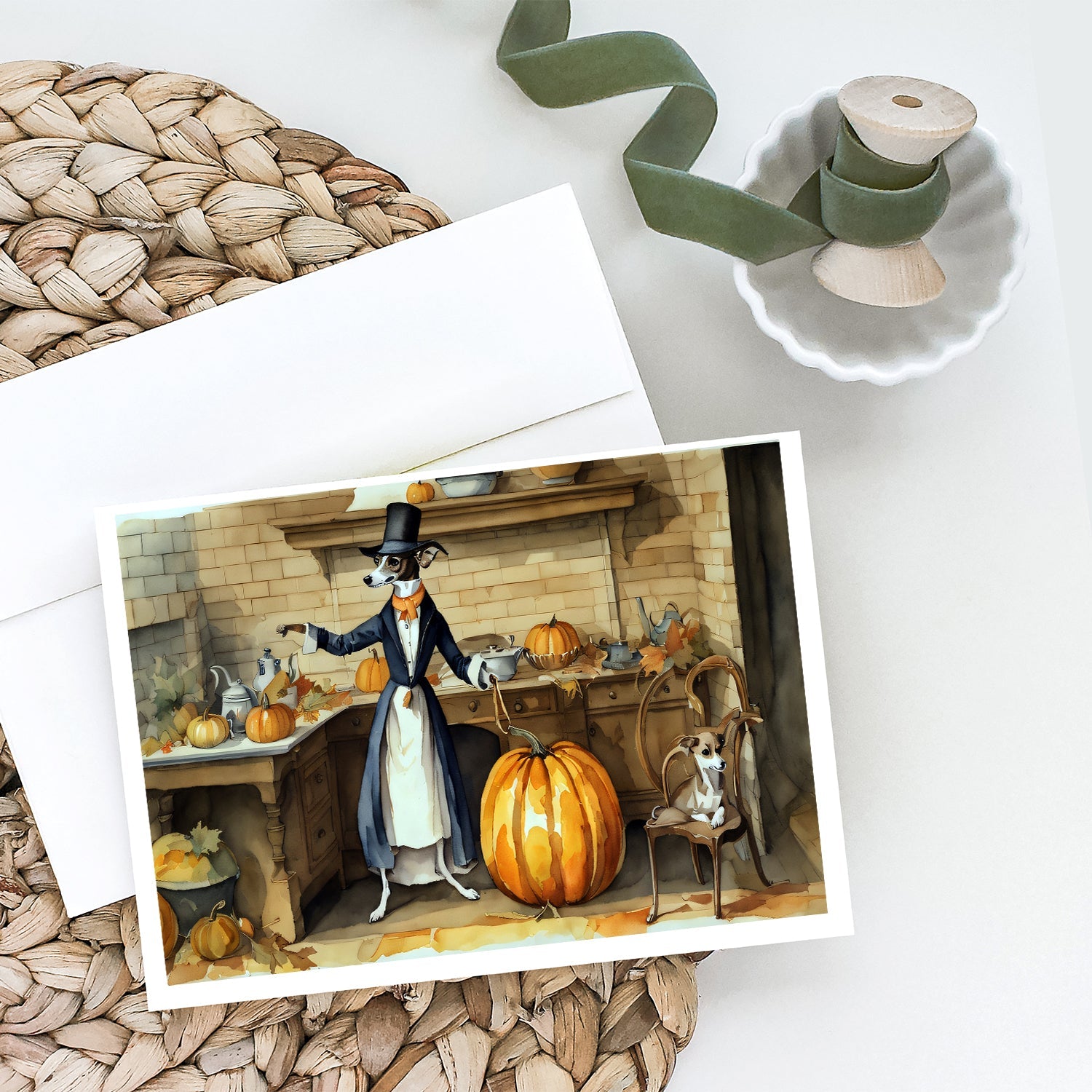 Italian Greyhound Fall Kitchen Pumpkins Greeting Cards Pack of 8 Blank Cards with Envelopes Whimsical A7 Size 5x7