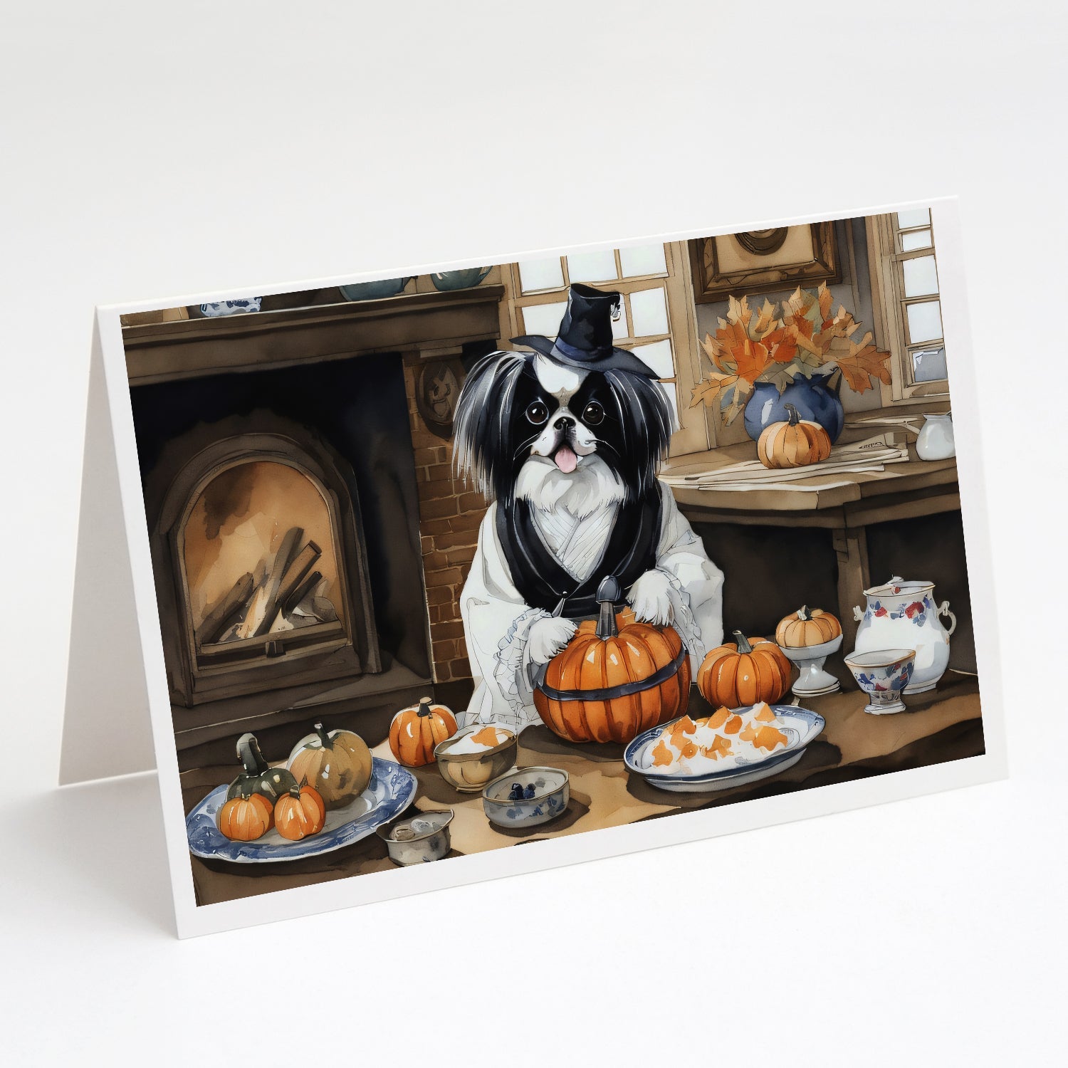 Japanese Chin Fall Kitchen Pumpkins Greeting Cards Pack of 8 Blank Cards with Envelopes Whimsical A7 Size 5x7