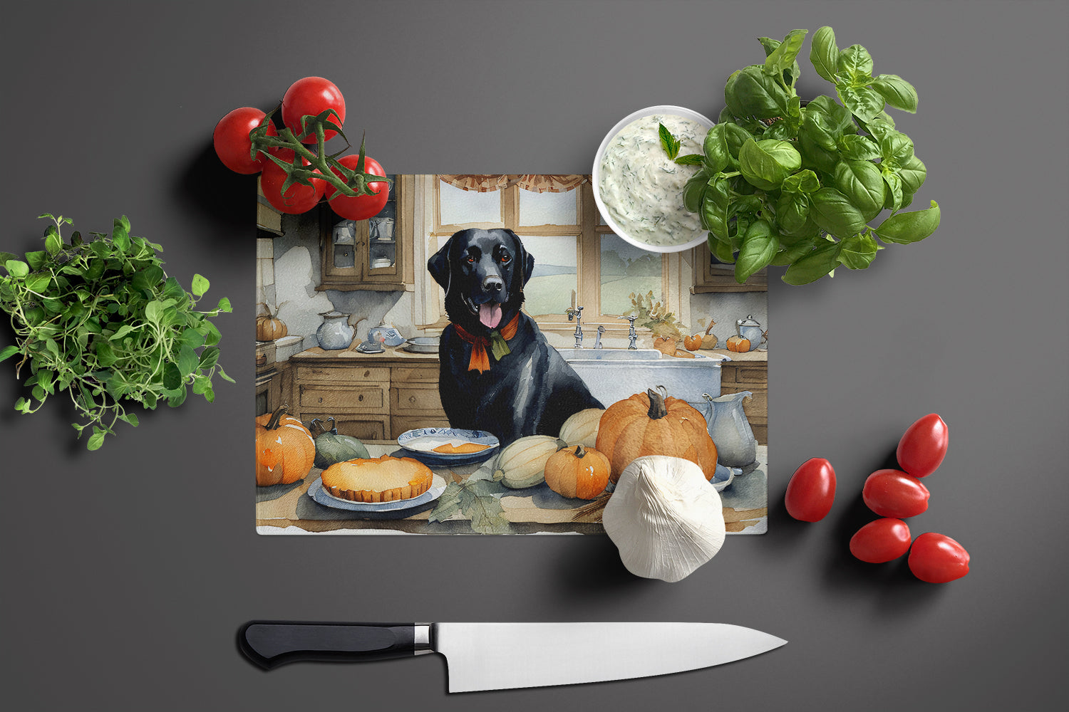 Black Lab Fall Kitchen Pumpkins Cutting Board Tempered Glass Kitchen Cutting Surface, Heat Resistant Chopping, Non-Slip Feet, Food Prep & Serving