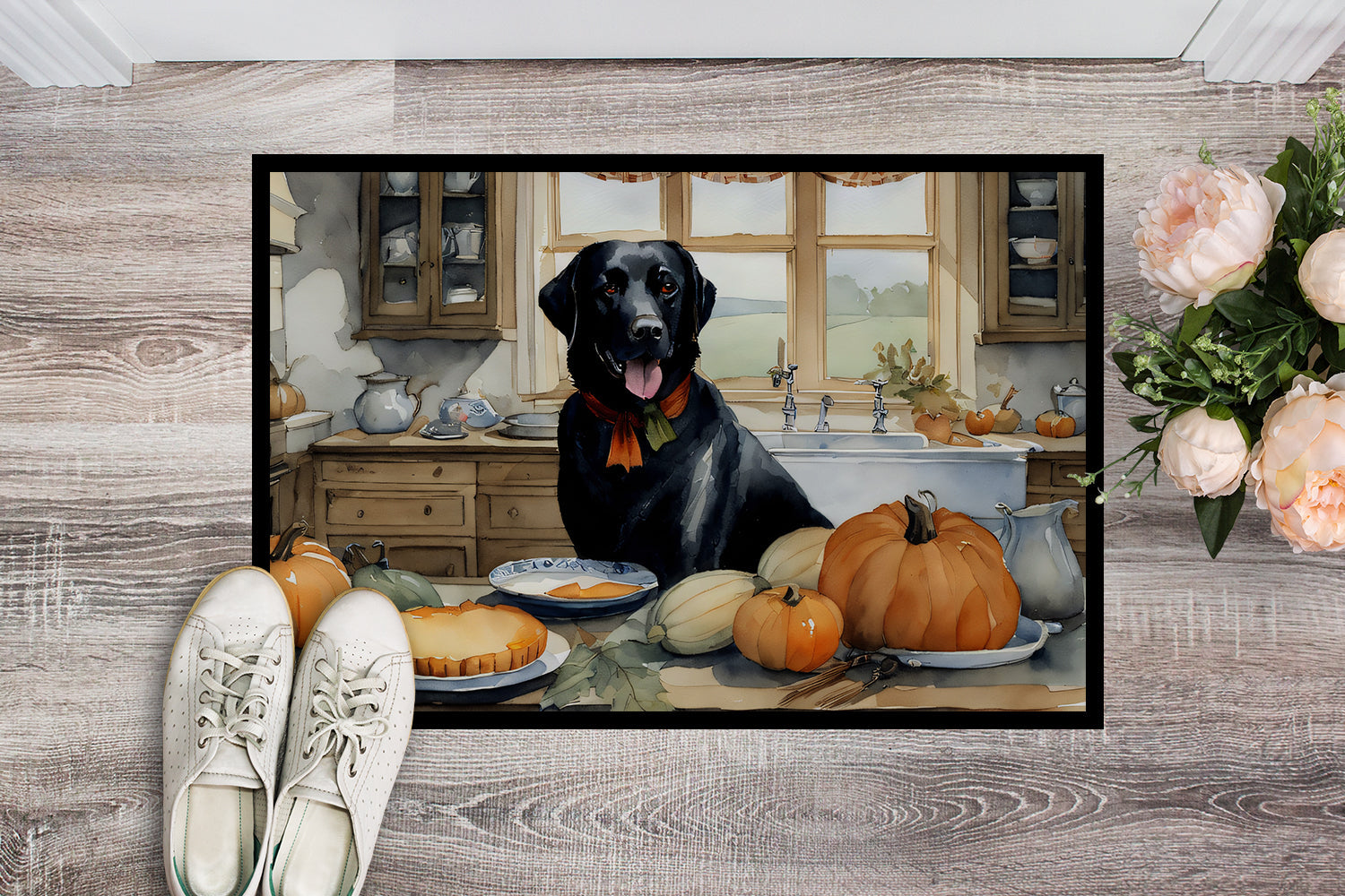 Black Lab Fall Kitchen Pumpkins Doormat Indoor Outdoor 18H X 27W Front Door Mat Rugs for Entryway, Non Slip Washable