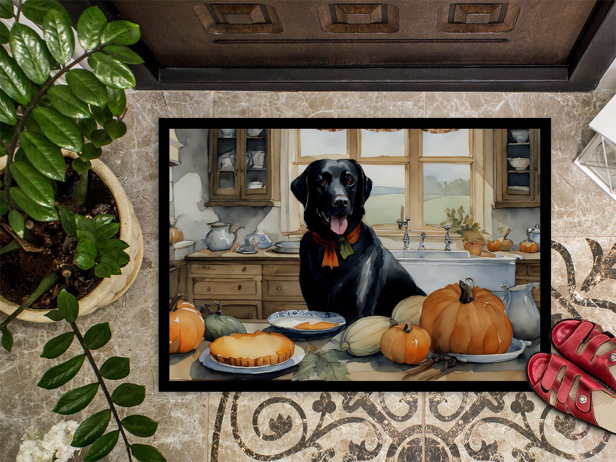 Black Lab Fall Kitchen Pumpkins Doormat Indoor Outdoor 18H X 27W Front Door Mat Rugs for Entryway, Non Slip Washable