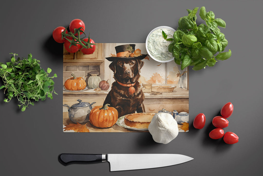 Chocolate Lab Fall Kitchen Pumpkins Cutting Board Tempered Glass Kitchen Cutting Surface, Heat Resistant Chopping, Non-Slip Feet, Food Prep & Serving