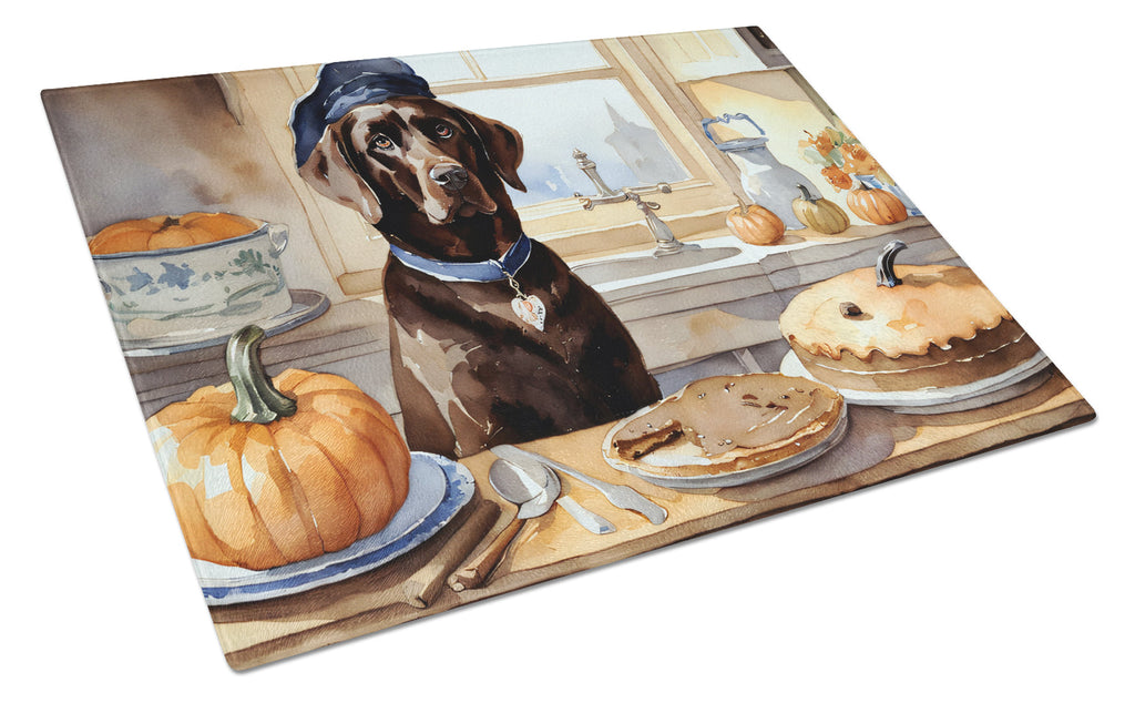 Chocolate Lab Fall Kitchen Pumpkins Cutting Board Tempered Glass Kitchen Cutting Surface, Heat Resistant Chopping, Non-Slip Feet, Food Prep & Serving