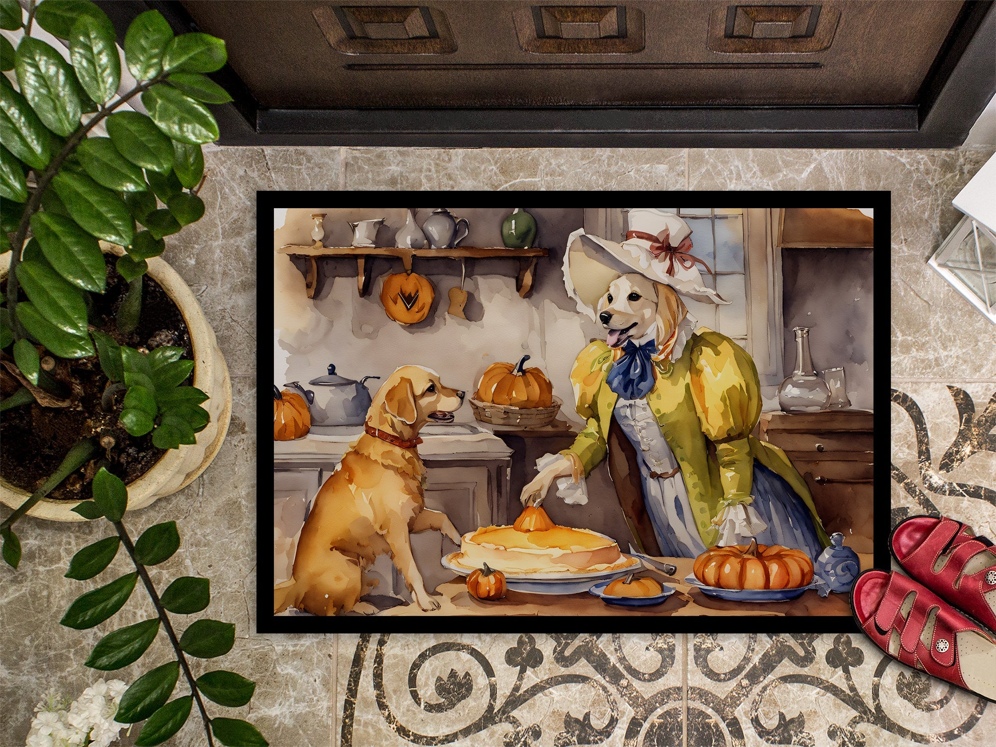 Yellow Lab Fall Kitchen Pumpkins Doormat Indoor Outdoor 18H X 27W Front Door Mat Rugs for Entryway, Non Slip Washable