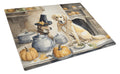 Yellow Lab Fall Kitchen Pumpkins Cutting Board Tempered Glass Kitchen Cutting Surface, Heat Resistant Chopping, Non-Slip Feet, Food Prep & Serving