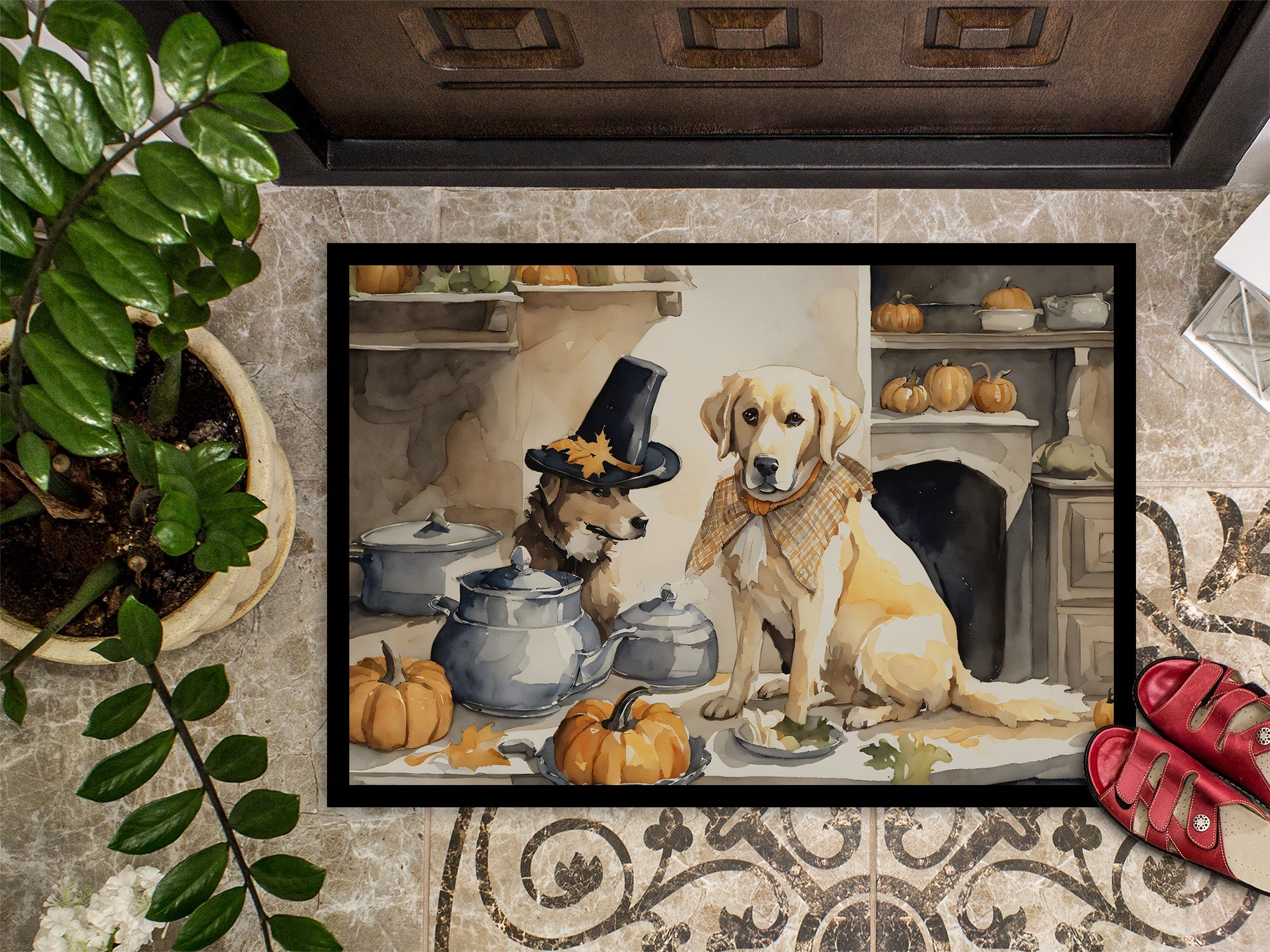 Yellow Lab Fall Kitchen Pumpkins Doormat Indoor Outdoor 18H X 27W Front Door Mat Rugs for Entryway, Non Slip Washable