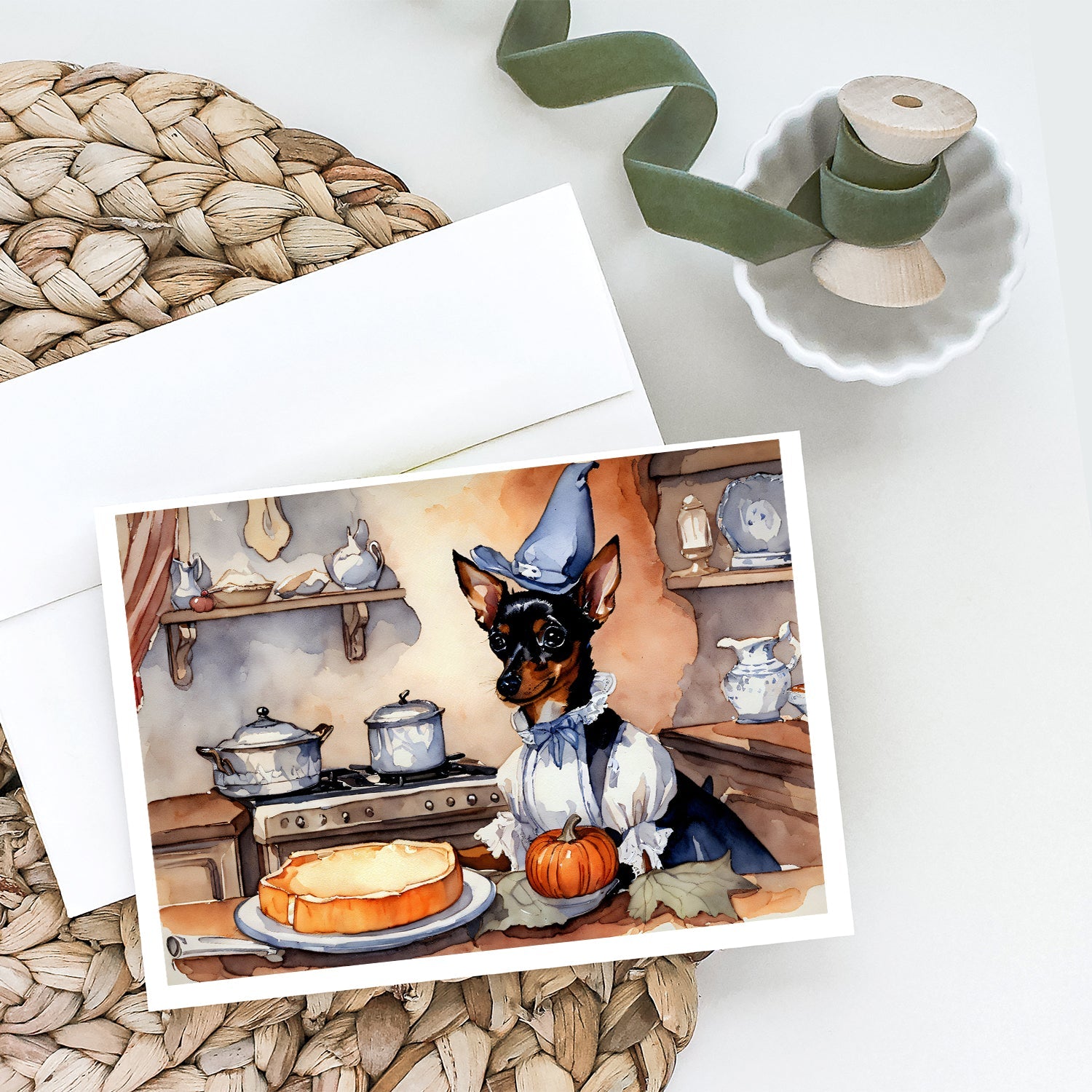 Miniature Pinscher Fall Kitchen Pumpkins Greeting Cards Pack of 8 Blank Cards with Envelopes Whimsical A7 Size 5x7