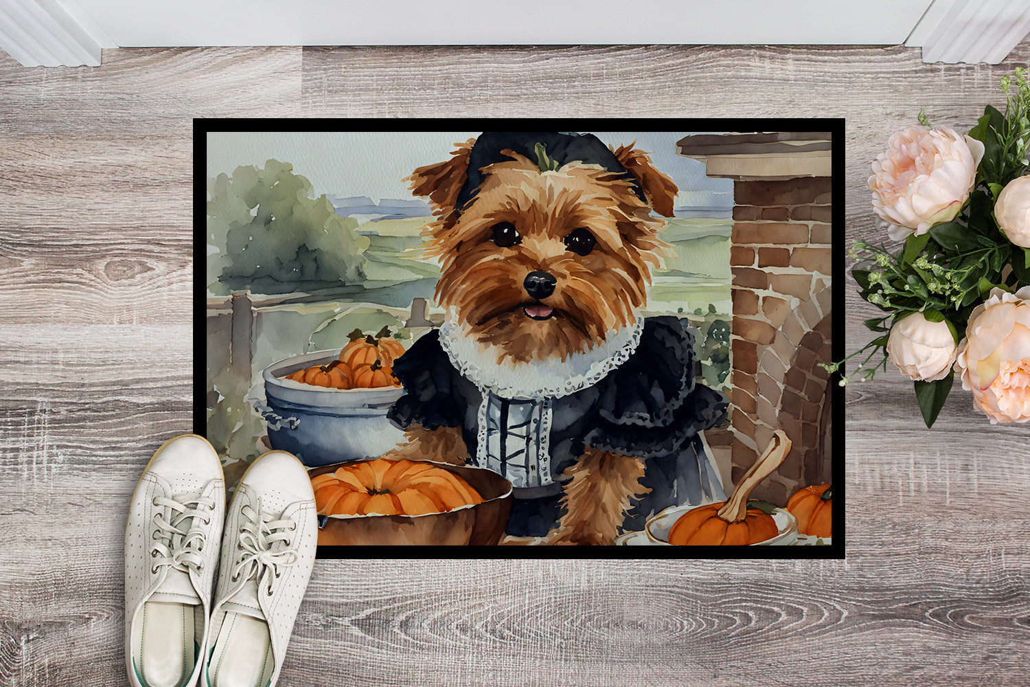 Norfolk Terrier Fall Kitchen Pumpkins Doormat Indoor Outdoor 24H X 36W Front Door Mat Rugs for Entryway, Non Slip Washable Low Pile,