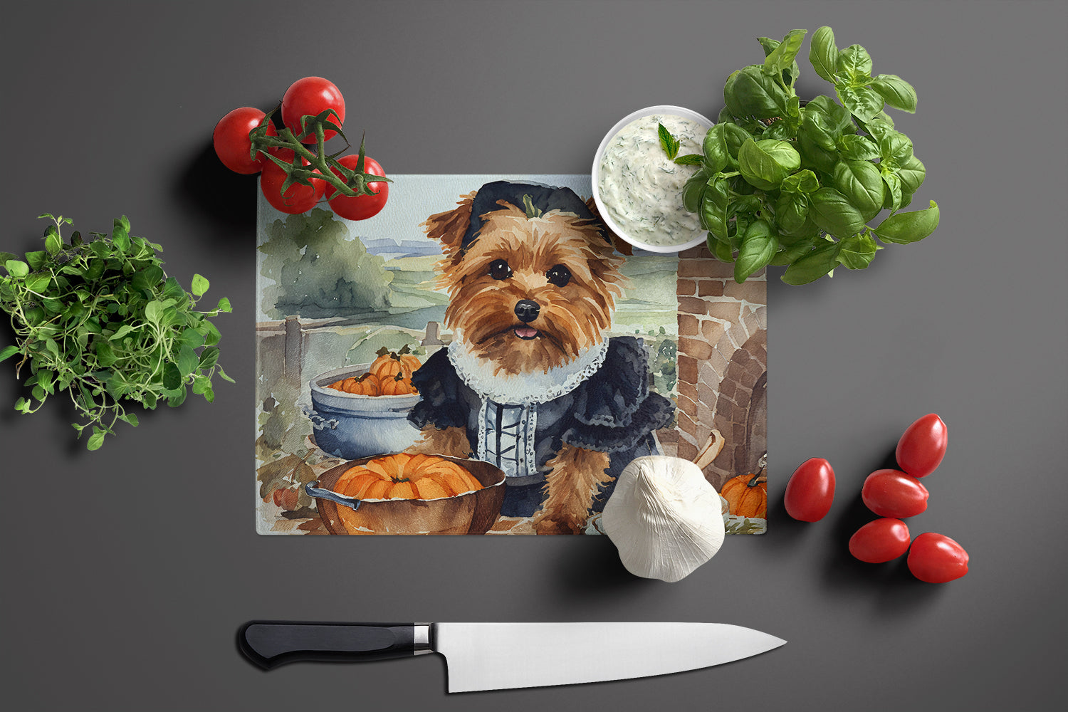 Norfolk Terrier Fall Kitchen Pumpkins Cutting Board Tempered Glass Kitchen Cutting Surface, Heat Resistant Chopping, Non-Slip Feet, Food Prep & Serving