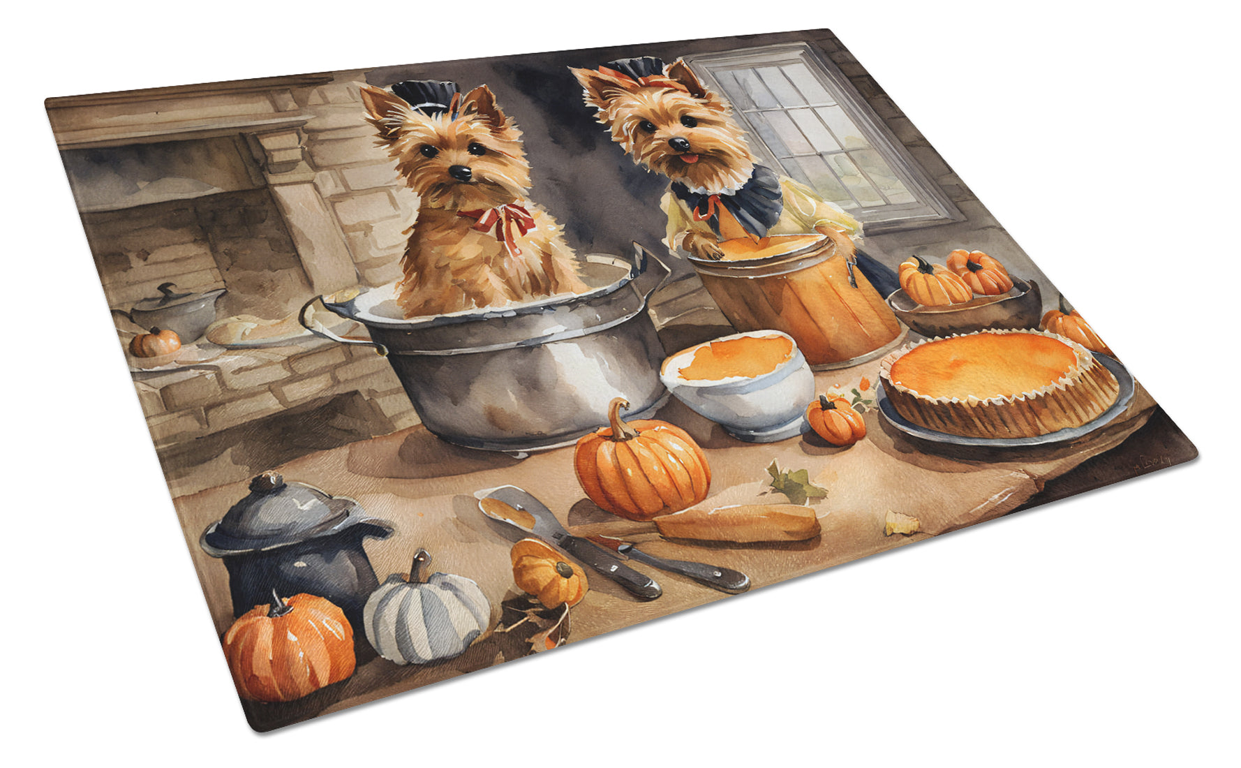 Norwich Terrier Fall Kitchen Pumpkins Cutting Board Tempered Glass Kitchen Cutting Surface, Heat Resistant Chopping, Non-Slip Feet, Food Prep & Serving
