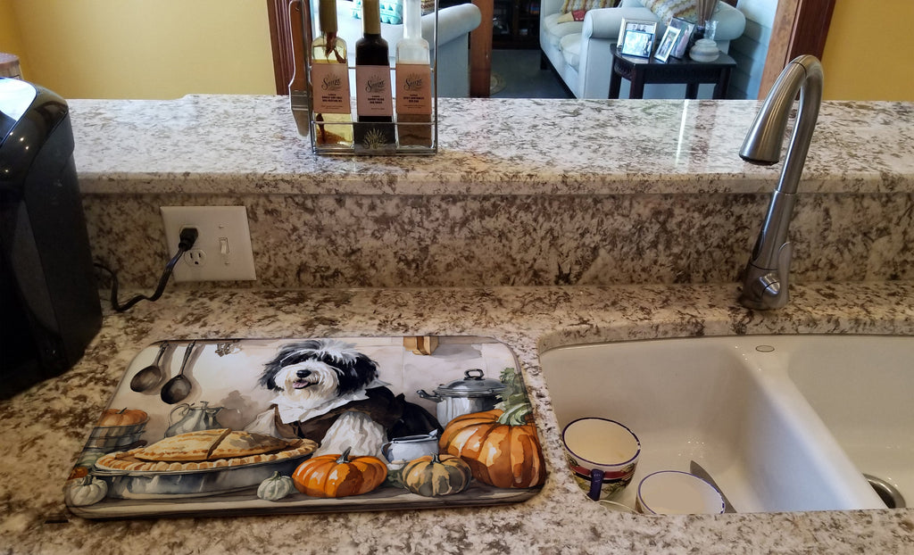 Old English Sheepdog Fall Kitchen Pumpkins Dish Drying Mat Absorbent Dish Drying Mat Pad for Kitchen Counter Dish Drainer Mat for Countertop, 14 x 21", Multicolor