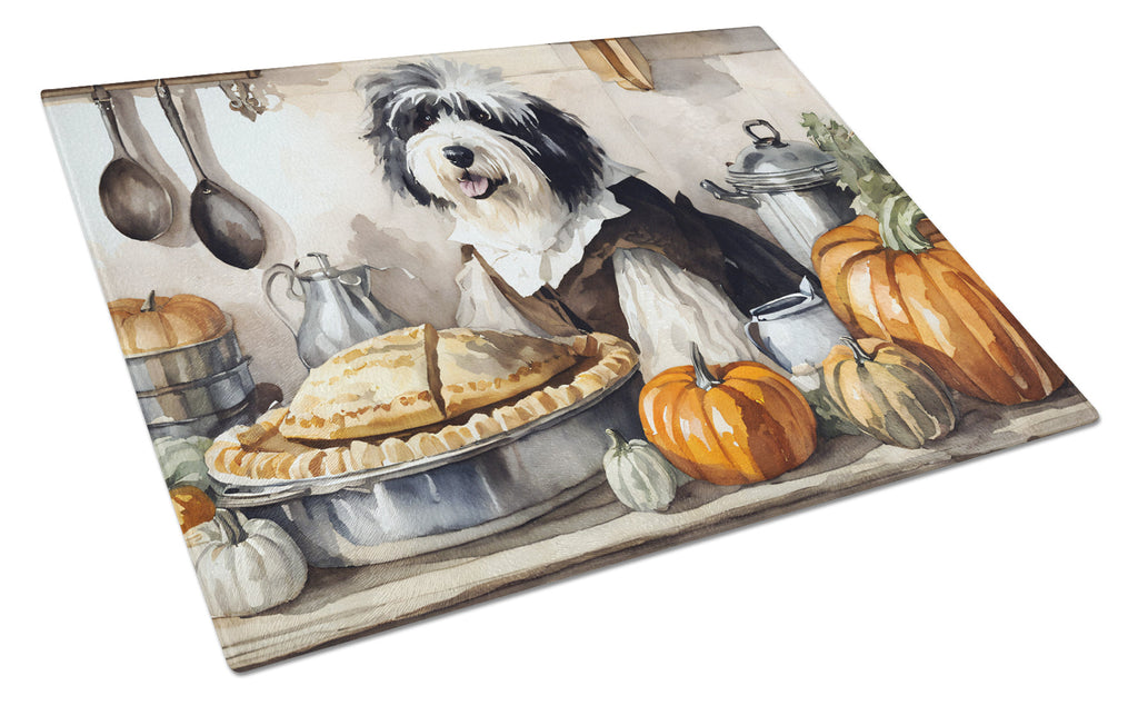Old English Sheepdog Fall Kitchen Pumpkins Cutting Board Tempered Glass Kitchen Cutting Surface, Heat Resistant Chopping, Non-Slip Feet, Food Prep & Serving