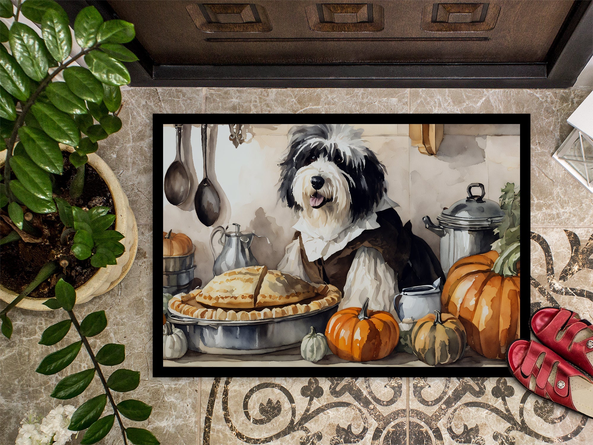 Old English Sheepdog Fall Kitchen Pumpkins Doormat Indoor Outdoor 18H X 27W Front Door Mat Rugs for Entryway, Non Slip Washable
