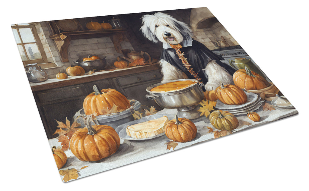 Old English Sheepdog Fall Kitchen Pumpkins Cutting Board Tempered Glass Kitchen Cutting Surface, Heat Resistant Chopping, Non-Slip Feet, Food Prep & Serving