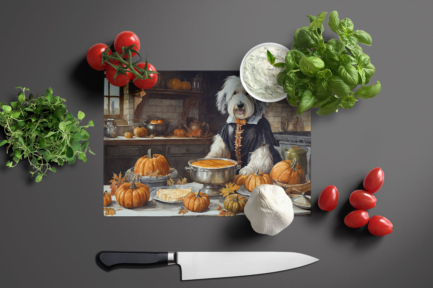 Old English Sheepdog Fall Kitchen Pumpkins Cutting Board Tempered Glass Kitchen Cutting Surface, Heat Resistant Chopping, Non-Slip Feet, Food Prep & Serving