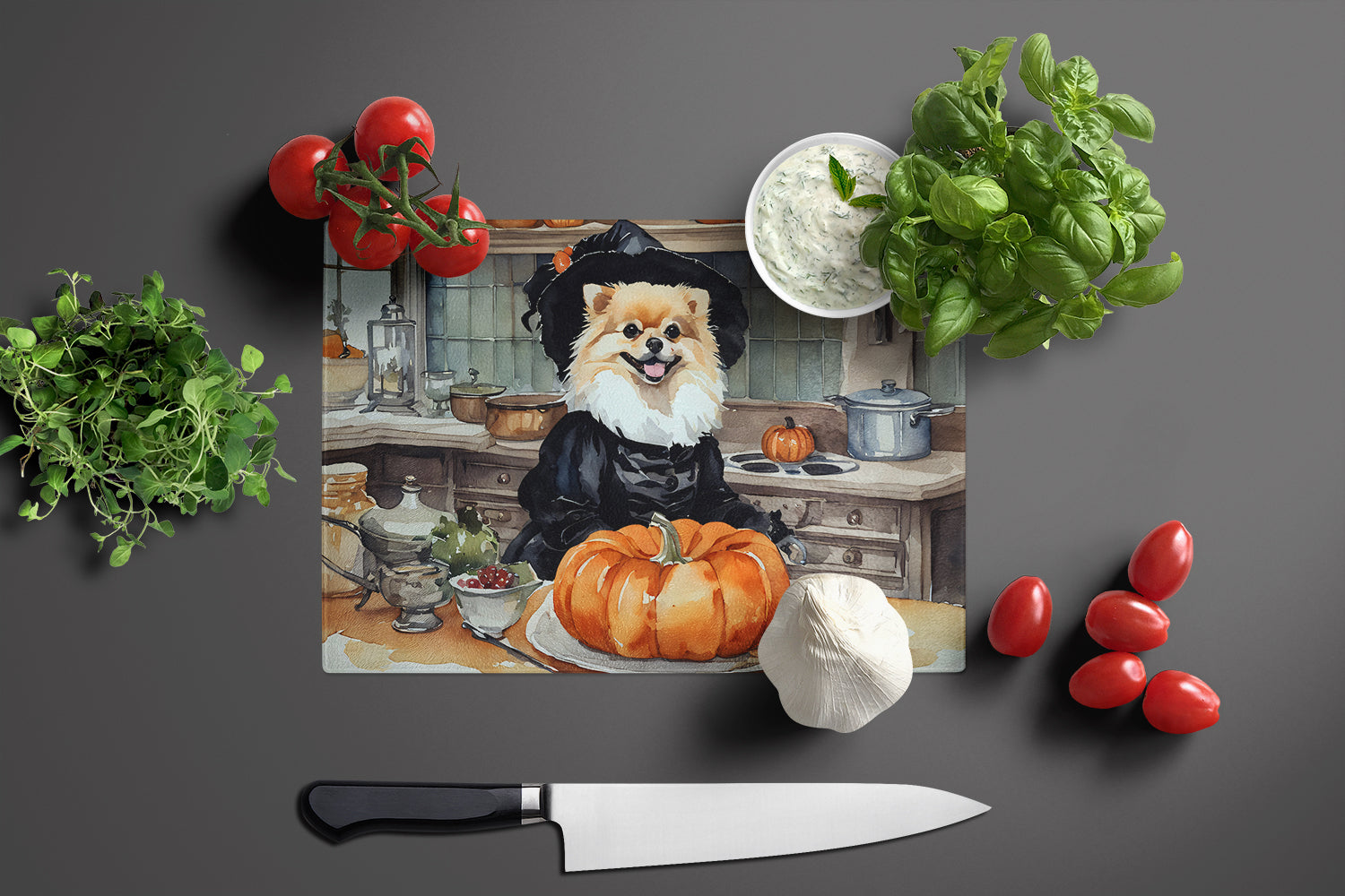 Pomeranian Fall Kitchen Pumpkins Cutting Board Tempered Glass Kitchen Cutting Surface, Heat Resistant Chopping, Non-Slip Feet, Food Prep & Serving