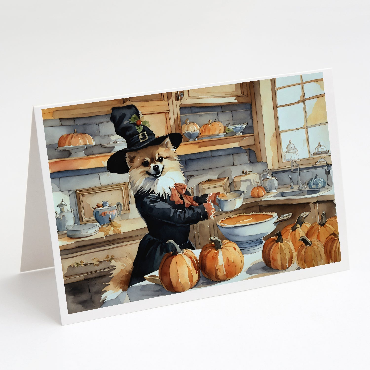 Pomeranian Fall Kitchen Pumpkins Greeting Cards Pack of 8 Blank Cards with Envelopes Whimsical A7 Size 5x7