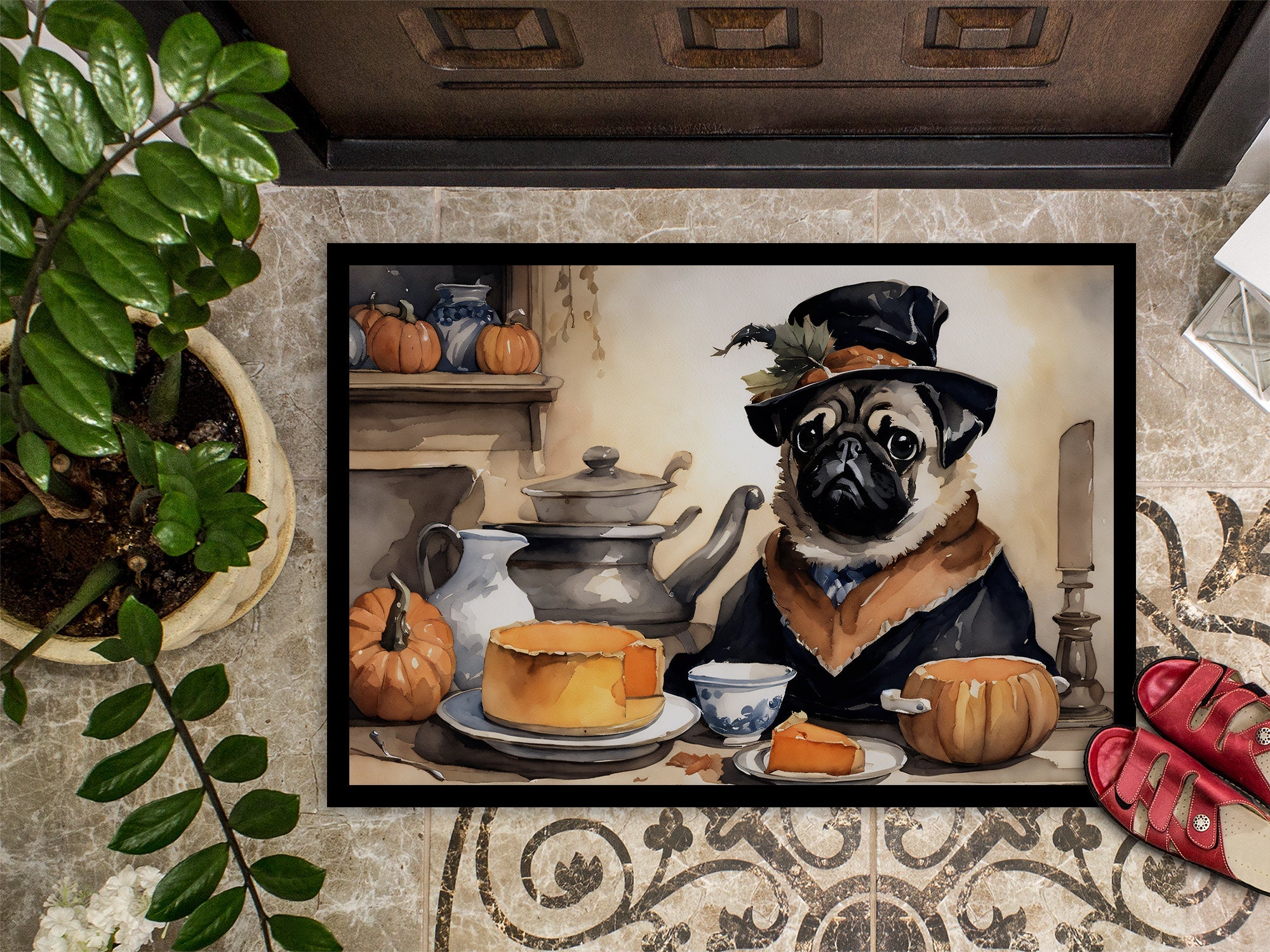 Pug Fall Kitchen Pumpkins Doormat Indoor Outdoor 18H X 27W Front Door Mat Rugs for Entryway, Non Slip Washable