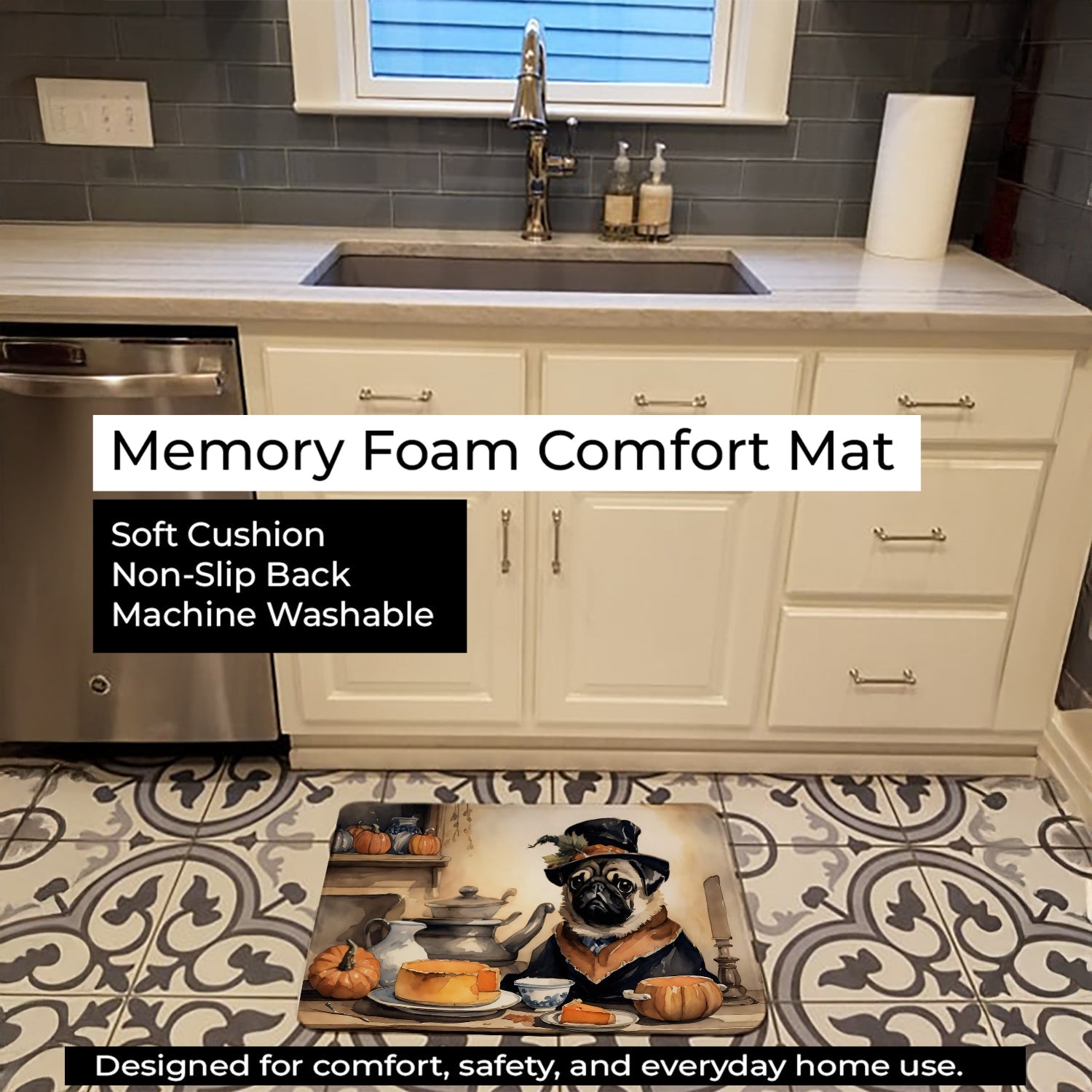 Pug Fall Kitchen Pumpkins Memory Foam Kitchen Mat Machine Washable Anti-Fatigue Cushion Comfort Bath or Kitchen Rug