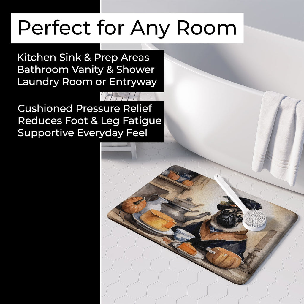 Pug Fall Kitchen Pumpkins Memory Foam Kitchen Mat Machine Washable Anti-Fatigue Cushion Comfort Bath or Kitchen Rug