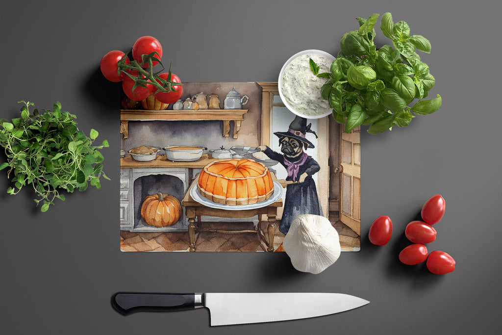 Pug Fall Kitchen Pumpkins Cutting Board Tempered Glass Kitchen Cutting Surface, Heat Resistant Chopping, Non-Slip Feet, Food Prep & Serving