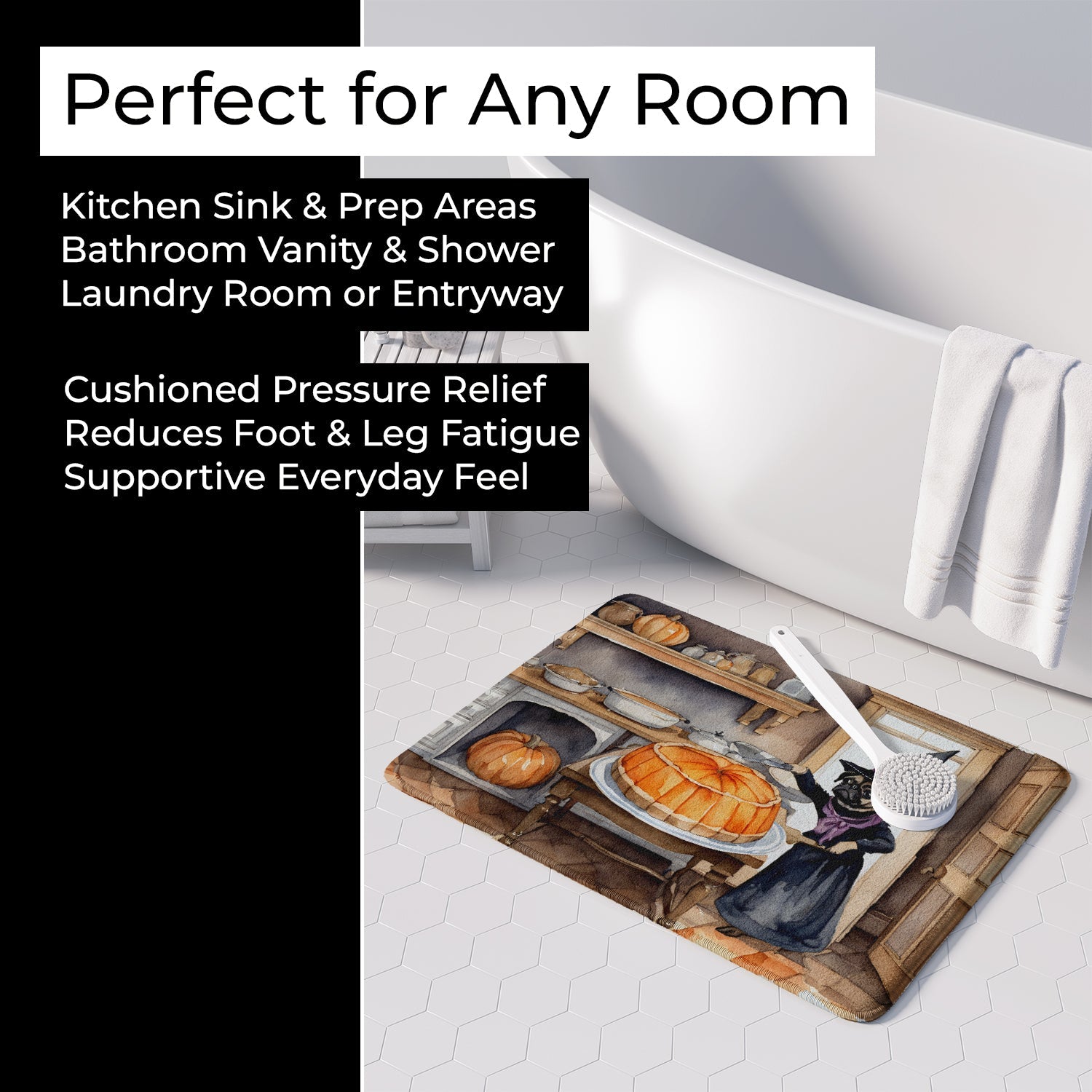 Pug Fall Kitchen Pumpkins Memory Foam Kitchen Mat Machine Washable Anti-Fatigue Cushion Comfort Bath or Kitchen Rug