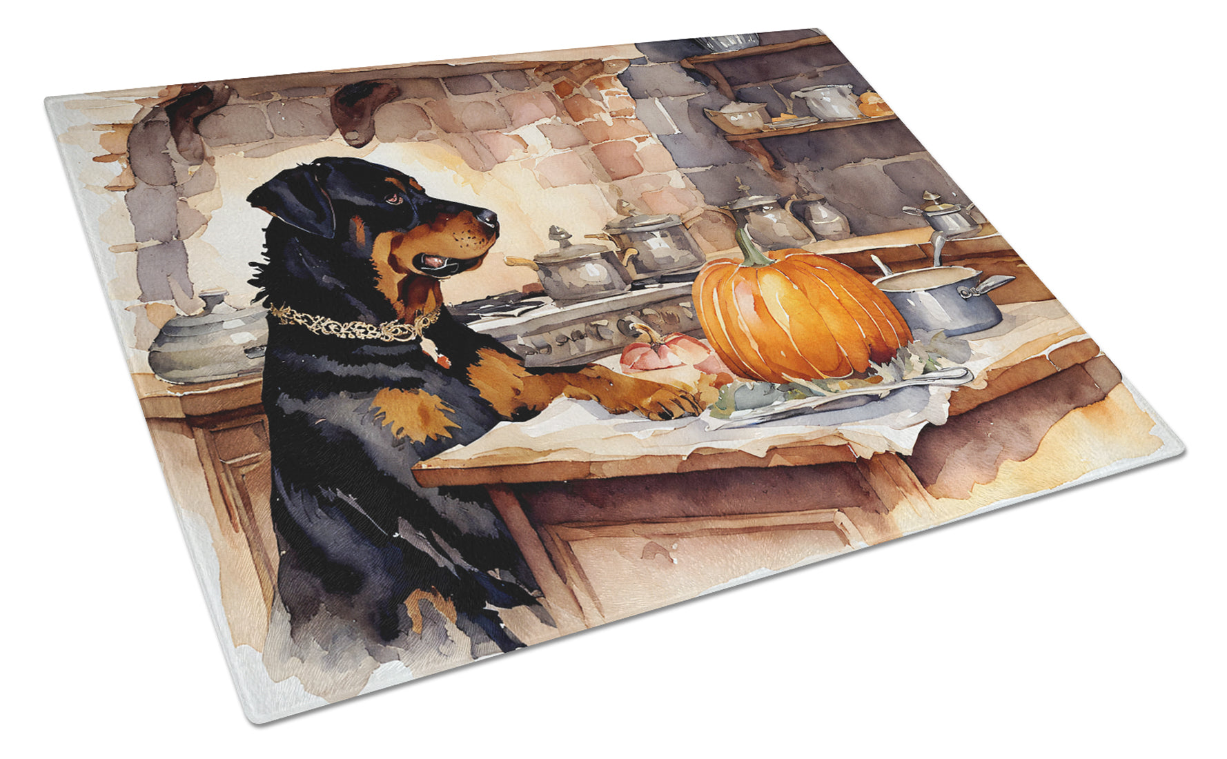 Rottweiler Fall Kitchen Pumpkins Cutting Board Tempered Glass Kitchen Cutting Surface, Heat Resistant Chopping, Non-Slip Feet, Food Prep & Serving