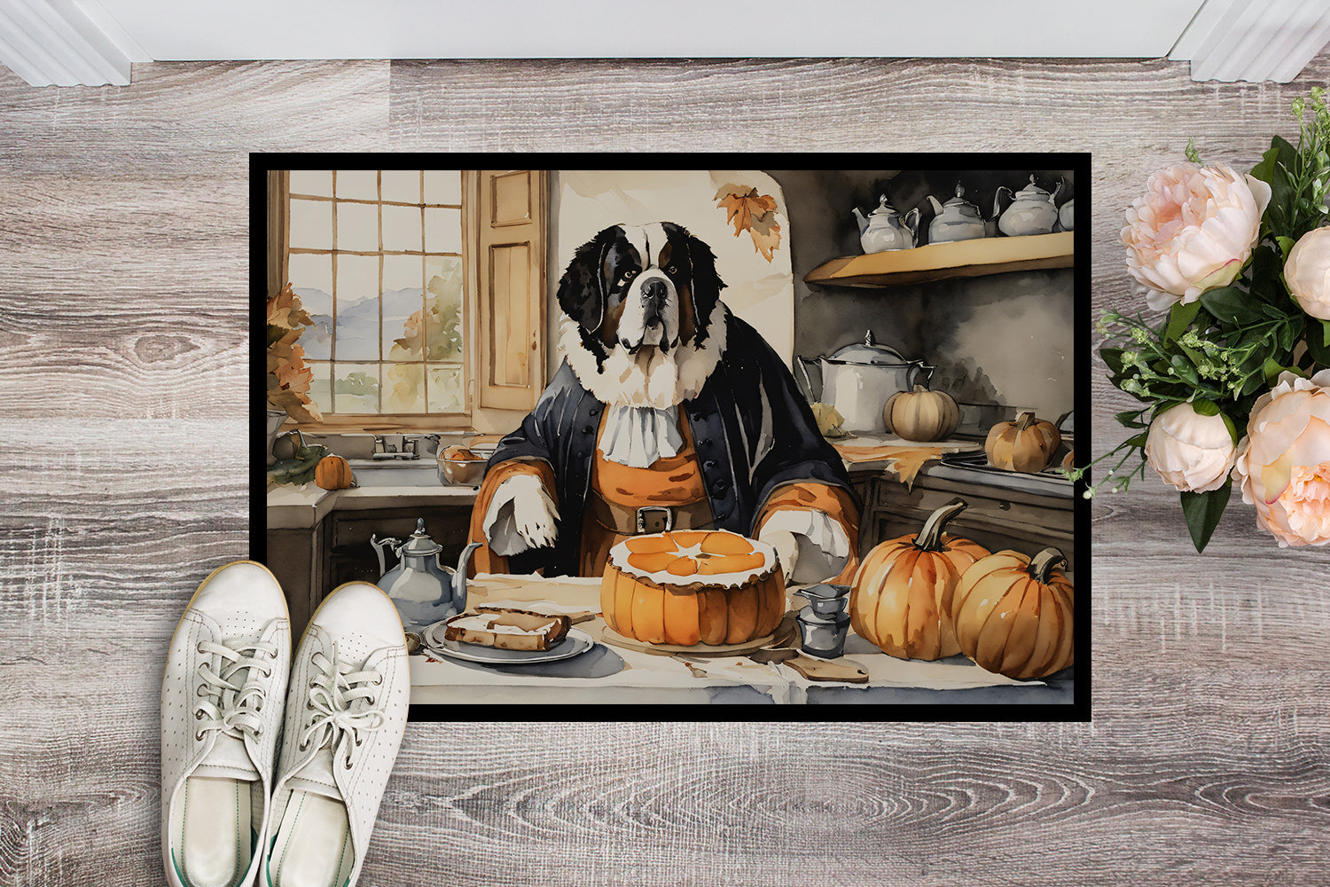 Saint Bernard Fall Kitchen Pumpkins Doormat Indoor Outdoor 24H X 36W Front Door Mat Rugs for Entryway, Non Slip Washable Low Pile,