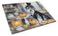 Schnauzer Fall Kitchen Pumpkins Cutting Board Tempered Glass Kitchen Cutting Surface, Heat Resistant Chopping, Non-Slip Feet, Food Prep & Serving