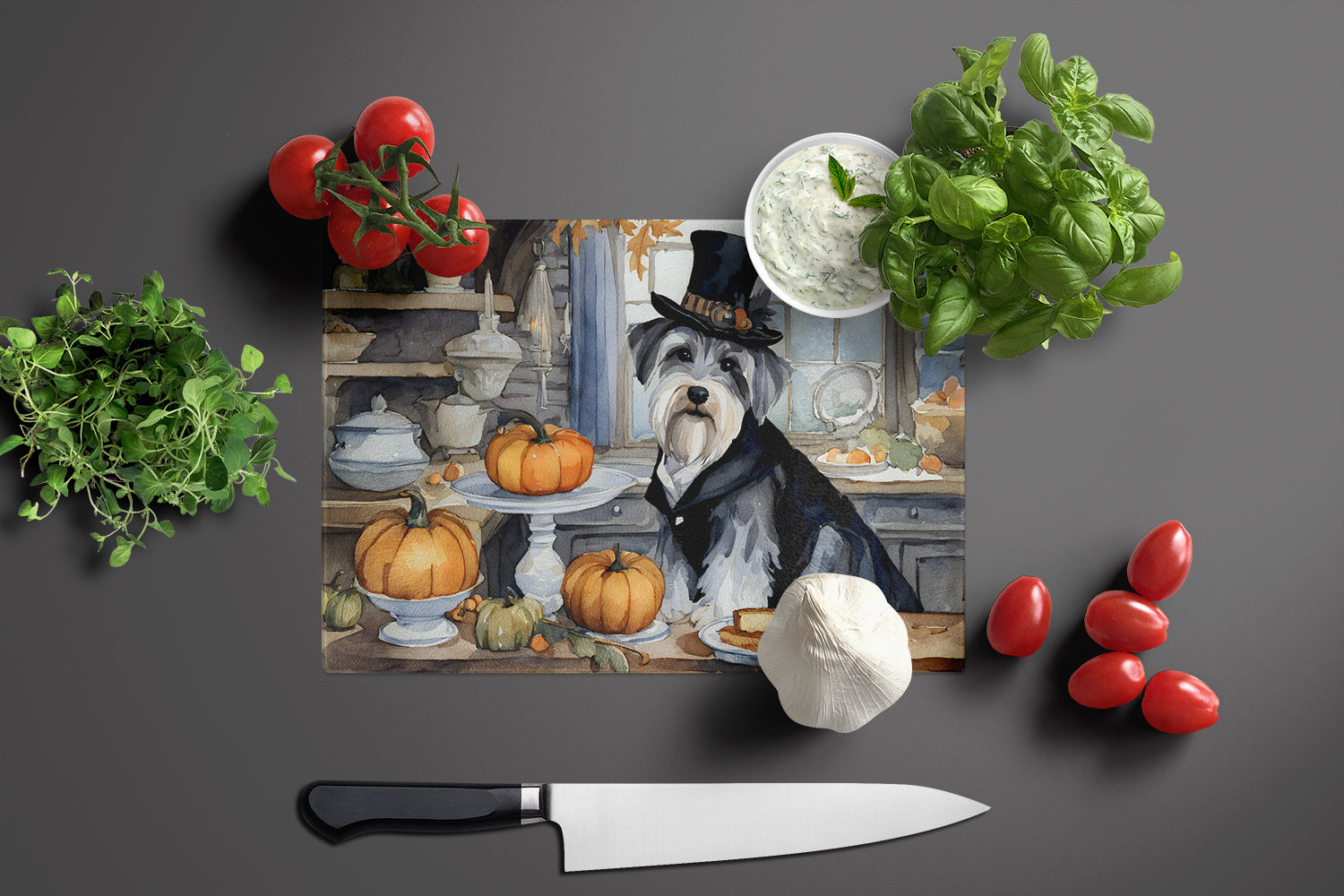 Schnauzer Fall Kitchen Pumpkins Cutting Board Tempered Glass Kitchen Cutting Surface, Heat Resistant Chopping, Non-Slip Feet, Food Prep & Serving