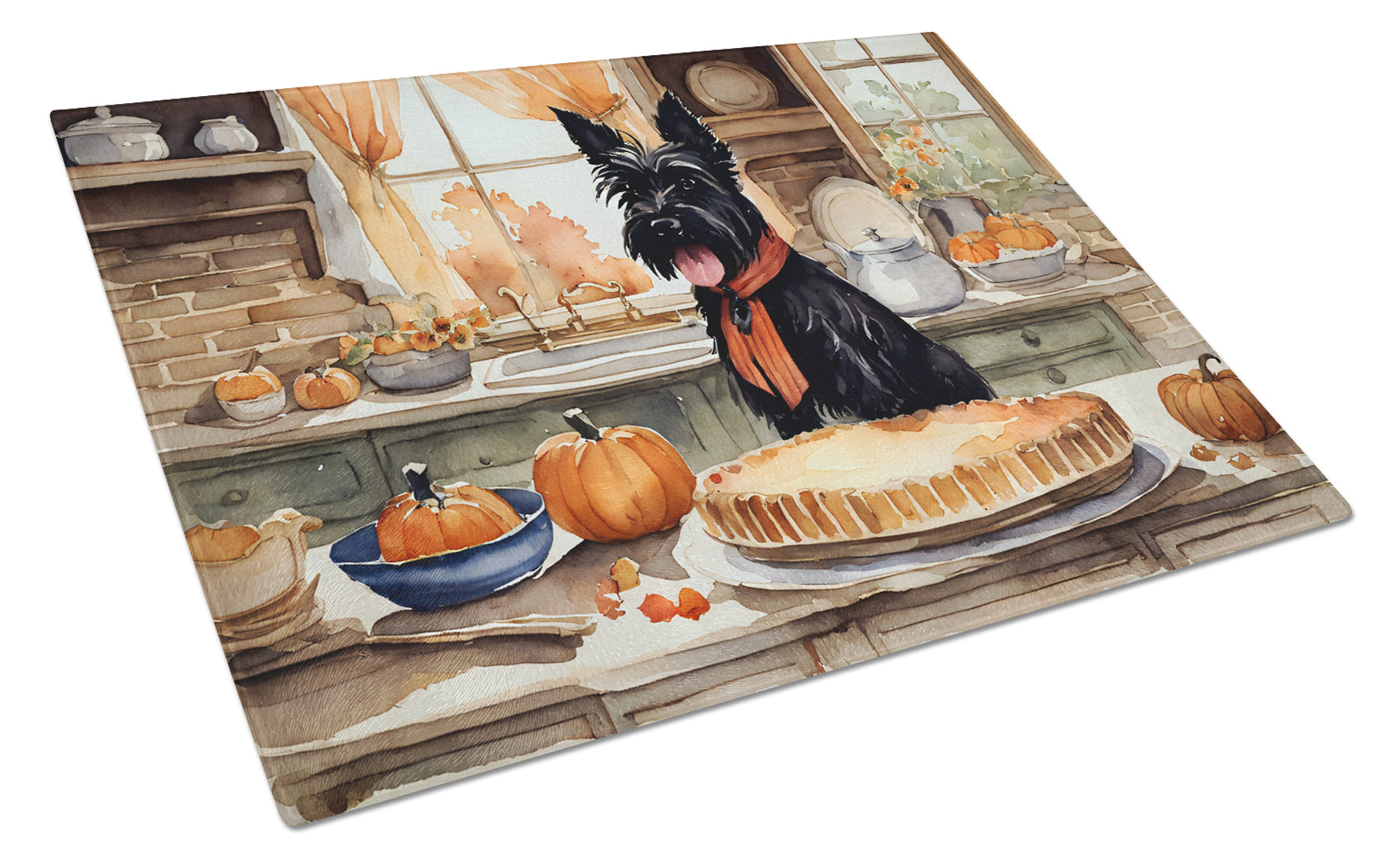 Scottish Terrier Fall Kitchen Pumpkins Cutting Board Tempered Glass Kitchen Cutting Surface, Heat Resistant Chopping, Non-Slip Feet, Food Prep & Serving