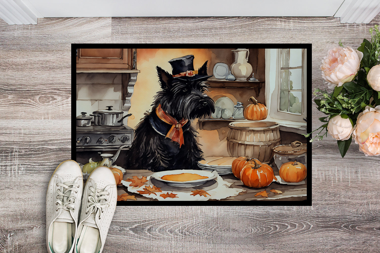 Scottish Terrier Fall Kitchen Pumpkins Doormat Indoor Outdoor 18H X 27W Front Door Mat Rugs for Entryway, Non Slip Washable